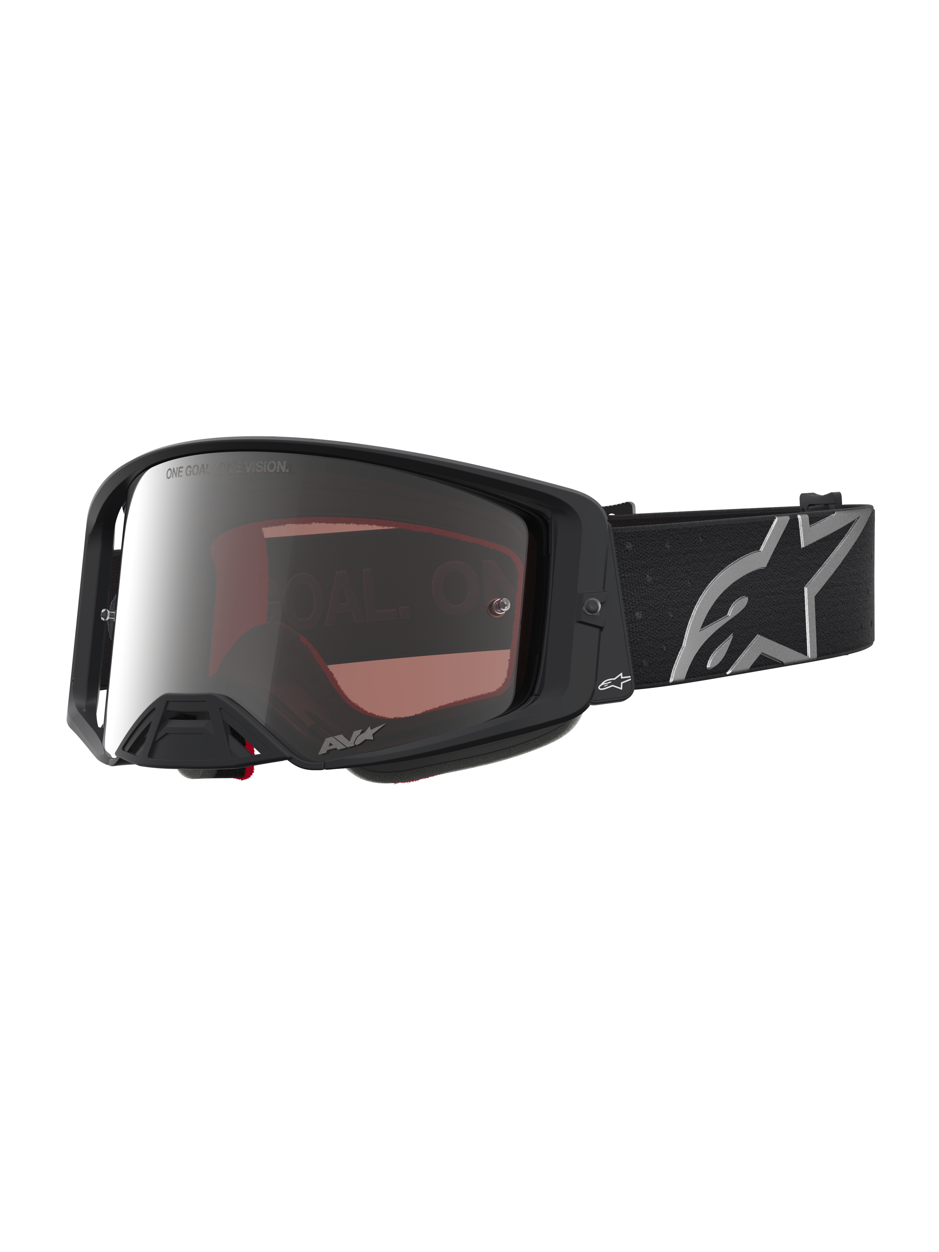 Alpinestars Supertech Vesta Schutzbrille, Motocross-Brille für Offroad-Rennen, Schwarz Matt und Silber verspiegelt, High-Definition-Optik, breites Band mit Alpinestars-Logo.