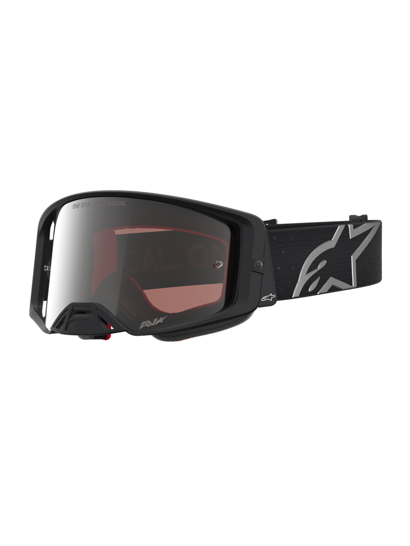 Alpinestars Supertech Vesta Schutzbrille, Motocross-Brille für Offroad-Rennen, Schwarz Matt und Silber verspiegelt, High-Definition-Optik, breites Band mit Alpinestars-Logo.
