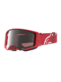 Alpinestars Supertech Vesta Motocross-Schutzbrille, Rot Fluo, verspiegeltes Chrome-Mirror-Silber-Glas, weißes Logo-Band.
