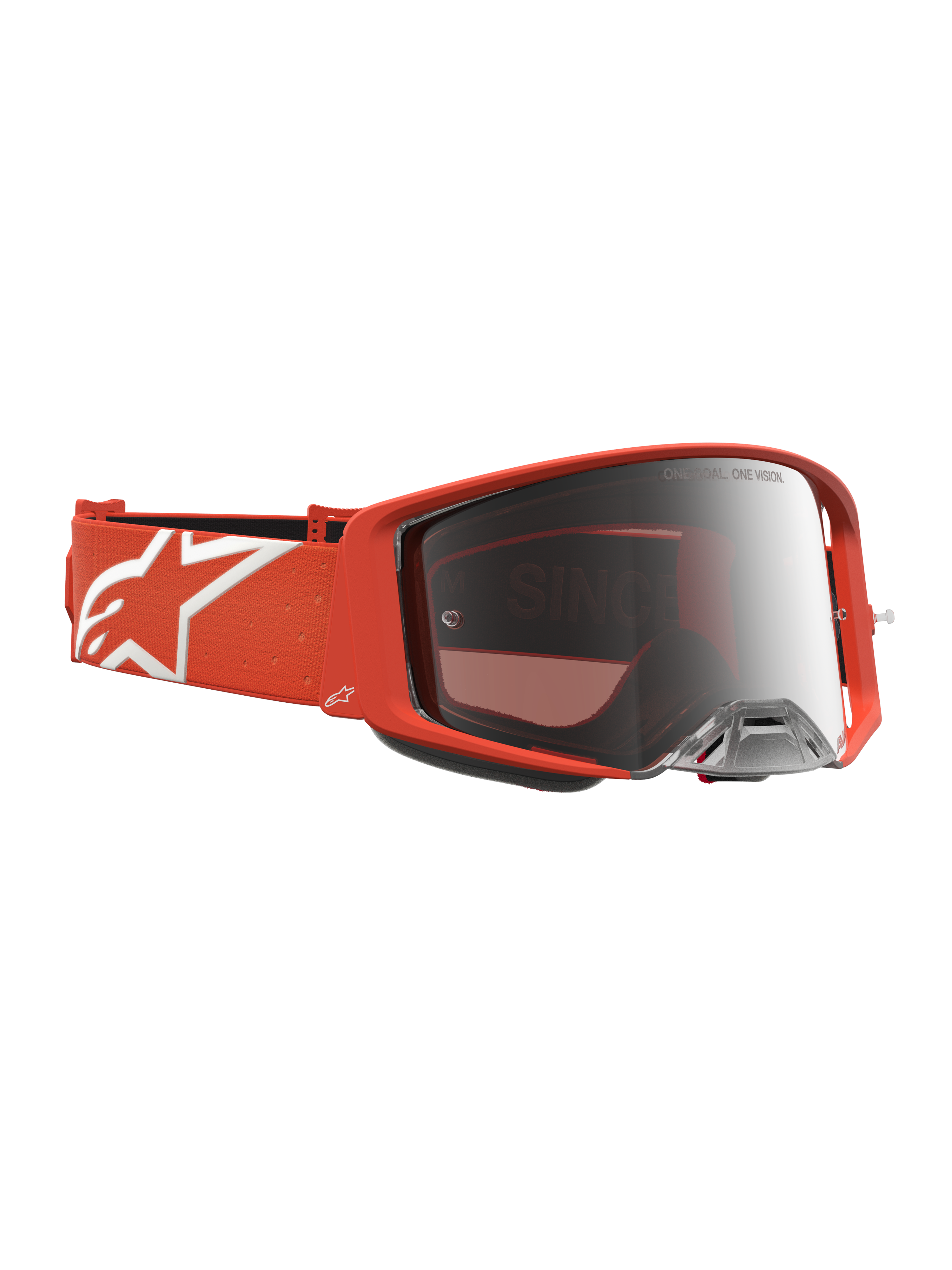 Alpinestars Supertech Vesta Motocross Goggles in orange with a silver mirror lens for high-performance off-road racing.