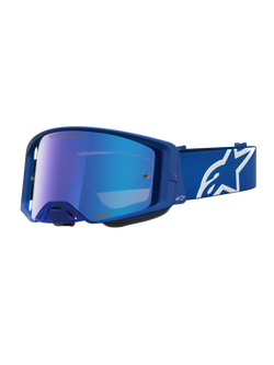 Alpinestars Supertech Vesta Motocross Goggles in Blithe Blue and White featuring a Mirror Blue lens and adjustable star strap.