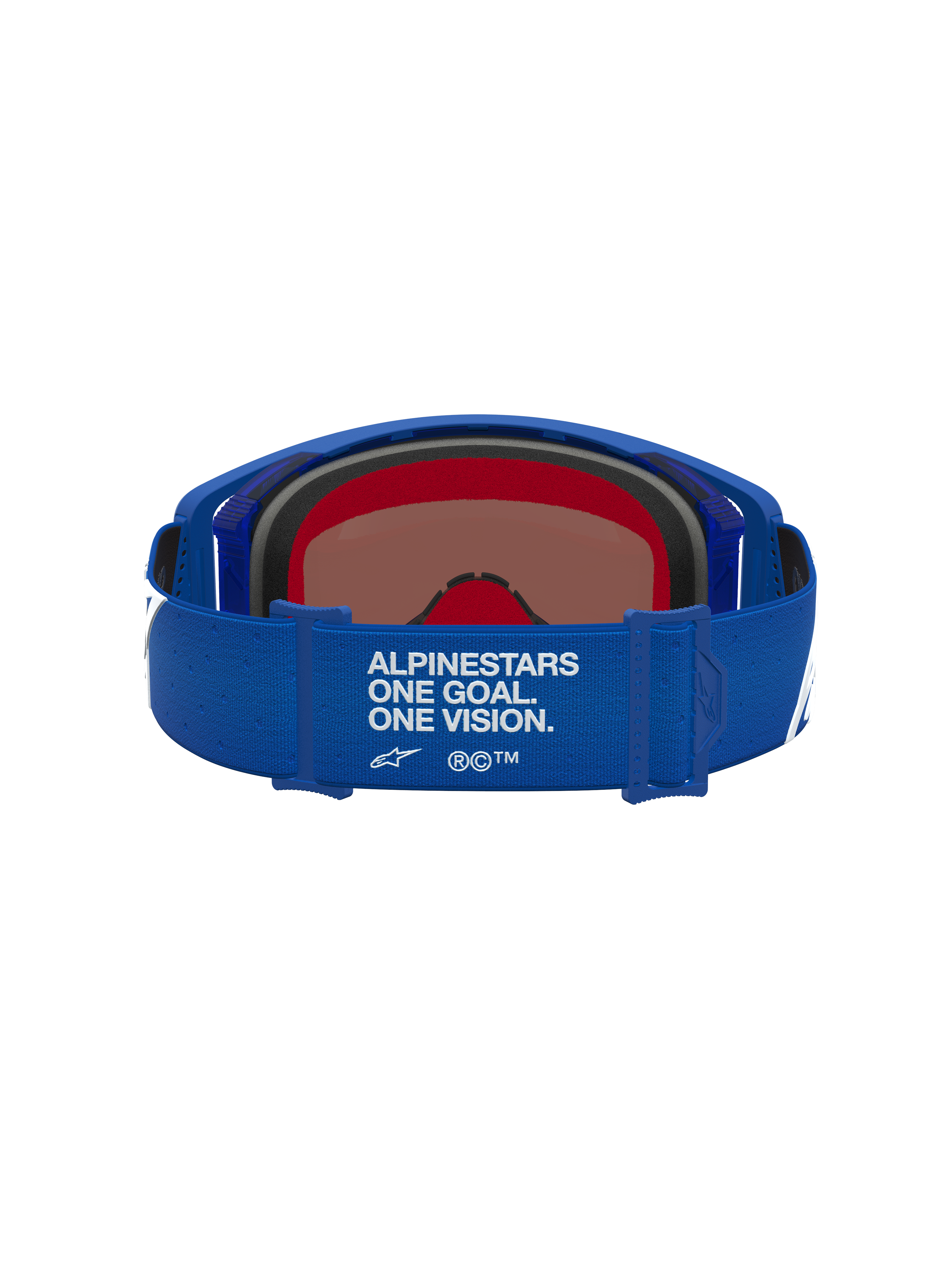 Alpinestars Supertech Vesta Motocross-Schutzbrille in Blau und Weiß mit Slogan auf dem Gurt und verspiegelter Scheibe.