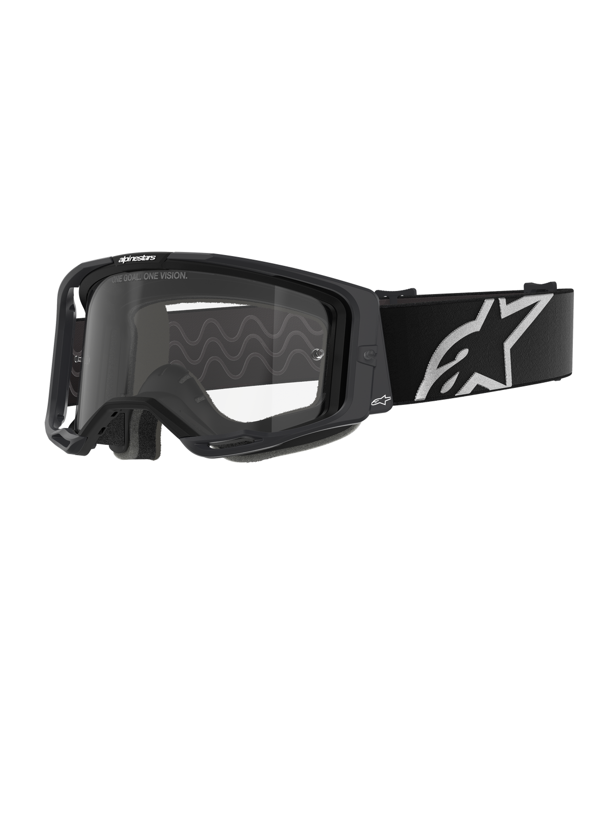 Alpinestars Vision 8 Corp Brille, Motocross-Schutzbrille, schwarzer Rahmen mit klarem Glas, breites schwarzes verstellbares Band mit markantem weißem Alpinestars Stern-Logo, sichtbarer 3D-geformter Gesichtsschaum, professioneller Augenschutz für den Offroad-Rennsport