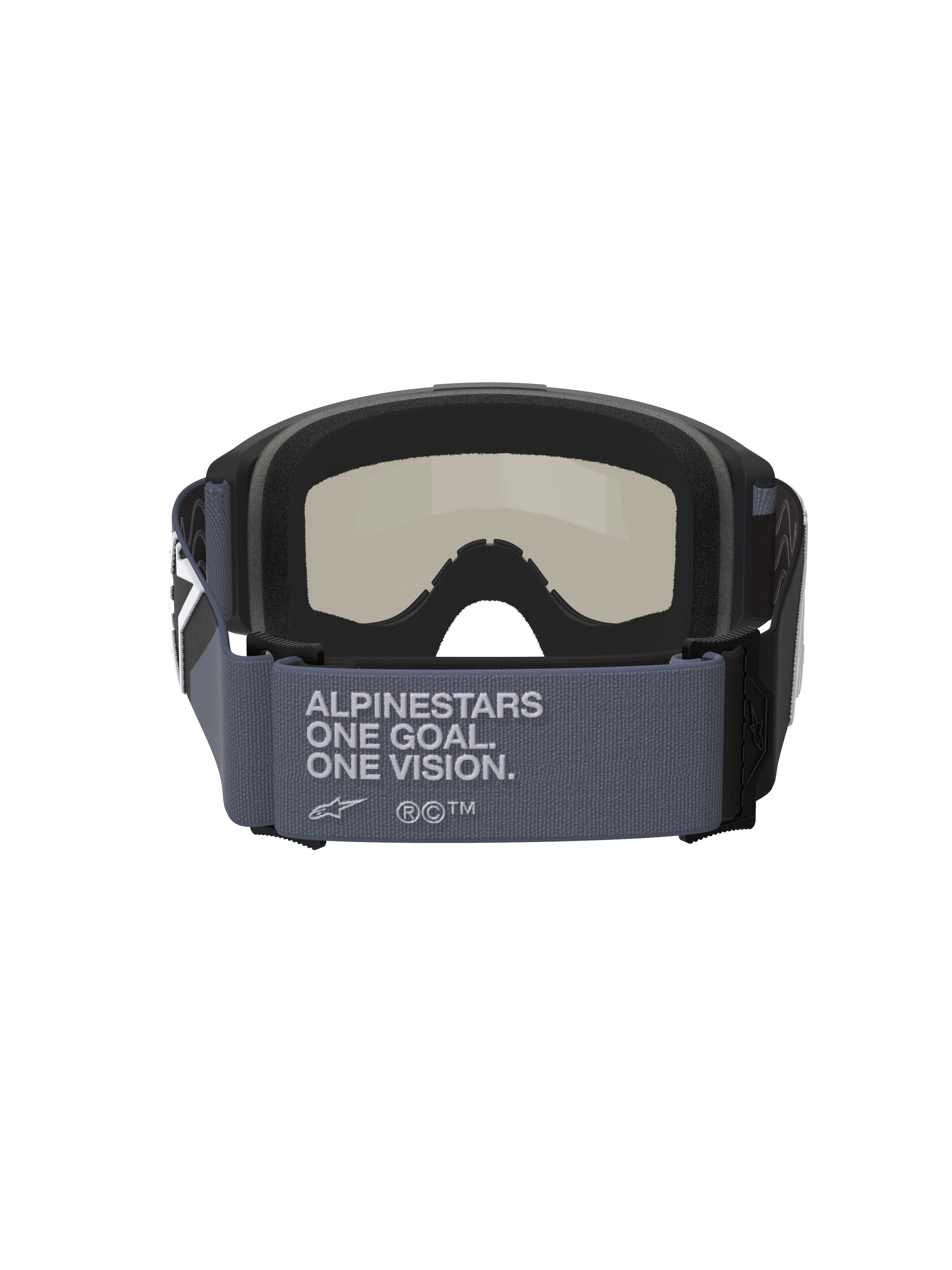 Alpinestars Vision Sand Goggles, Motocross-Brille, Schwarz und Grau, Rückansicht mit breitem grauen Brillenband und „Alpinestars One Goal. One Vision.“ Text, schwarzer mehrschichtiger Gesichtsschaum, Dark Smoke Linse, Offroad-Wüstenfahrausrüstung