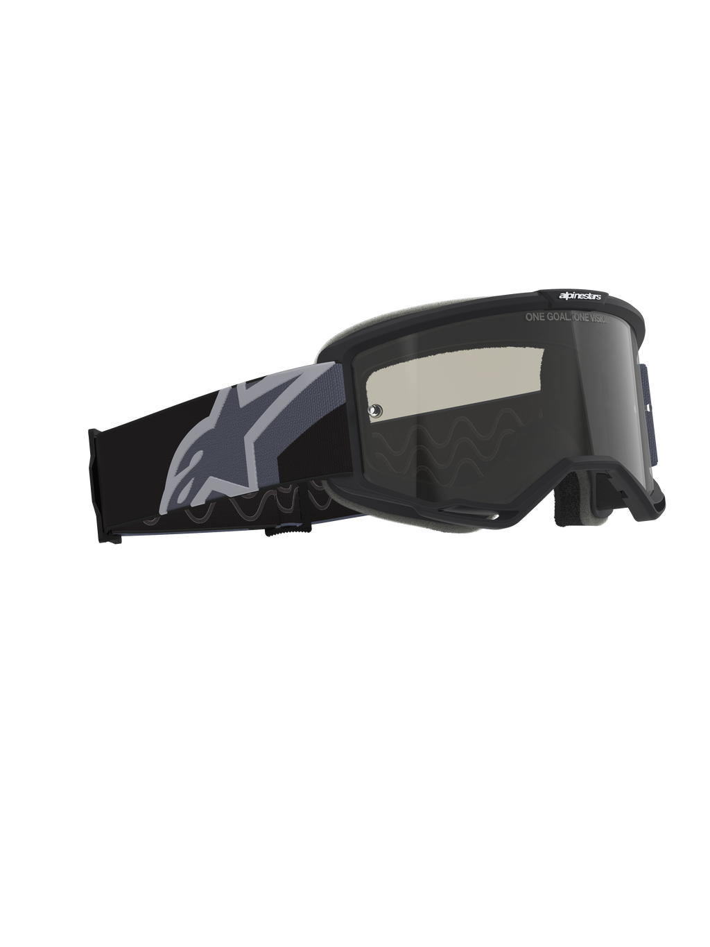 Alpinestars Vision Sand Goggles, Motocross- und Offroad-Brille, Schwarz und Grau mit Dark Smoke-Linse, breites gewebtes Band mit einem großen grauen Stern-Logo, mattschwarzer Rahmen mit RAM-AIR-Belüftung und mehrschichtigem Gesichtsschaum für Schutz bei Wüstenfahrten.