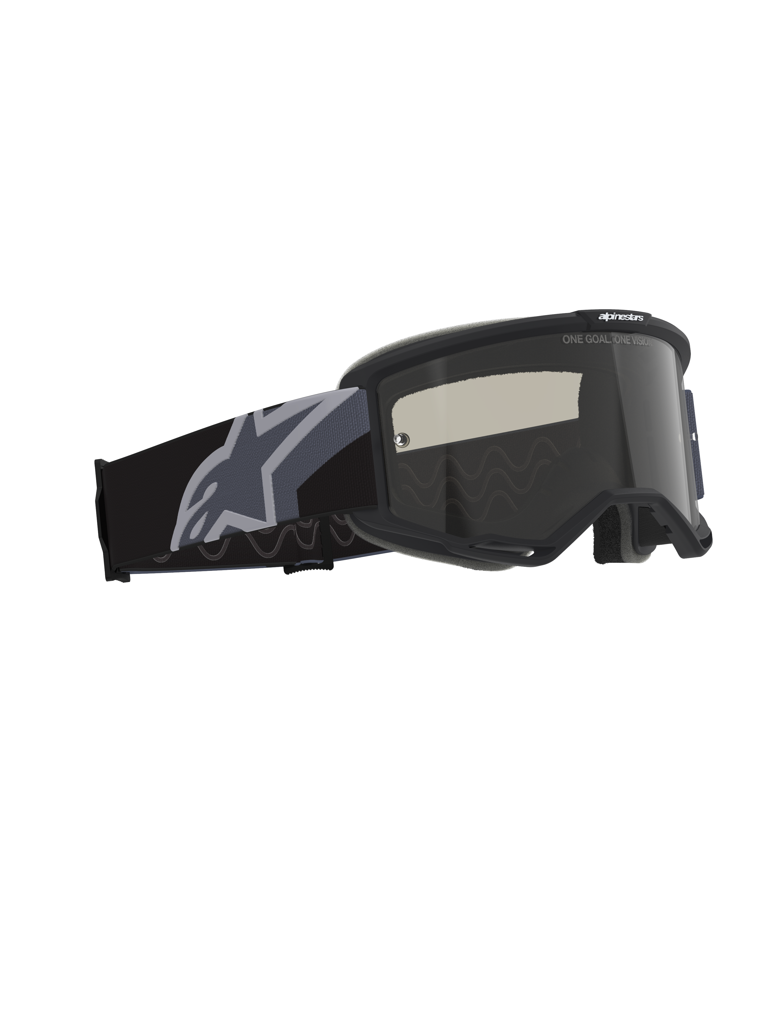 Alpinestars Vision Sand Goggles, Motocross- und Offroad-Brille, Schwarz und Grau mit Dark Smoke-Linse, breites gewebtes Band mit einem großen grauen Stern-Logo, mattschwarzer Rahmen mit RAM-AIR-Belüftung und mehrschichtigem Gesichtsschaum für Schutz bei Wüstenfahrten.