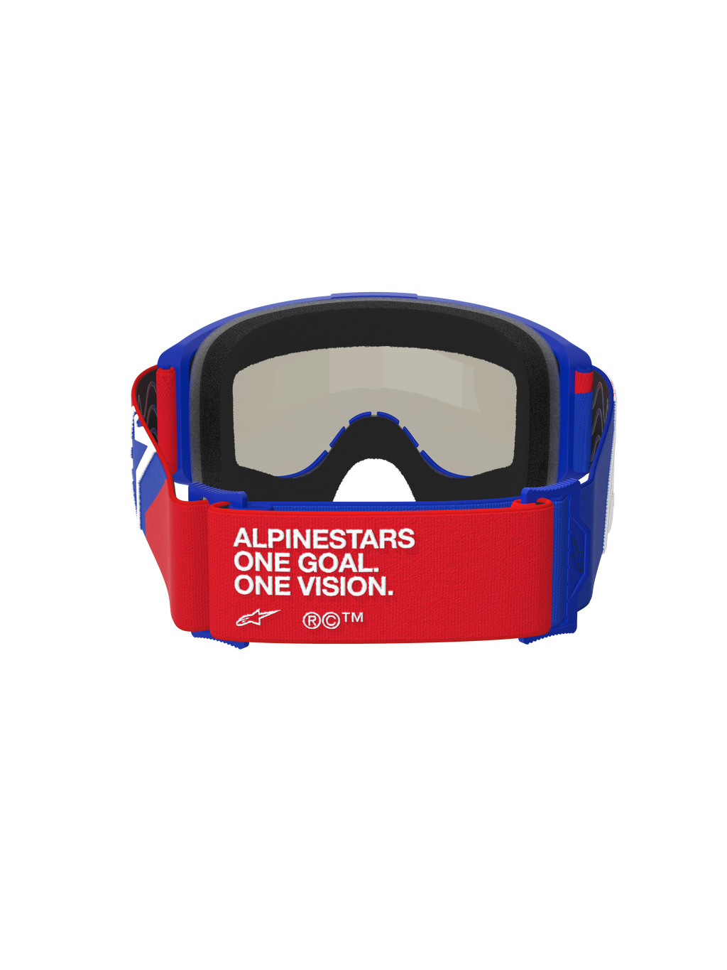 Alpinestars Vision Sand Goggles, Blue Red and White, rear view featuring a red strap with white 'ALPINESTARS ONE GOAL. ONE VISION.' text, blue frame with thick black foam padding, dark smoke lens visible from the inside, high-performance motocross goggles