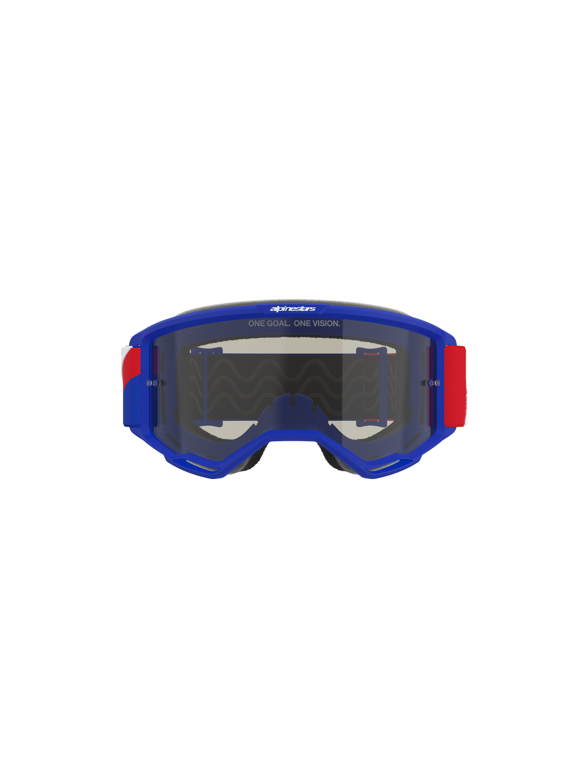Alpinestars Vision Sand Goggles, blauer Rahmen mit roten und weißen Akzenten am Brillenband, Dark Smoke getönte Linse, Slogan 'ONE GOAL. ONE VISION.' auf der Oberseite, Hochleistungs-Motocross-Brille für Wüsten- und Offroad-Schutz