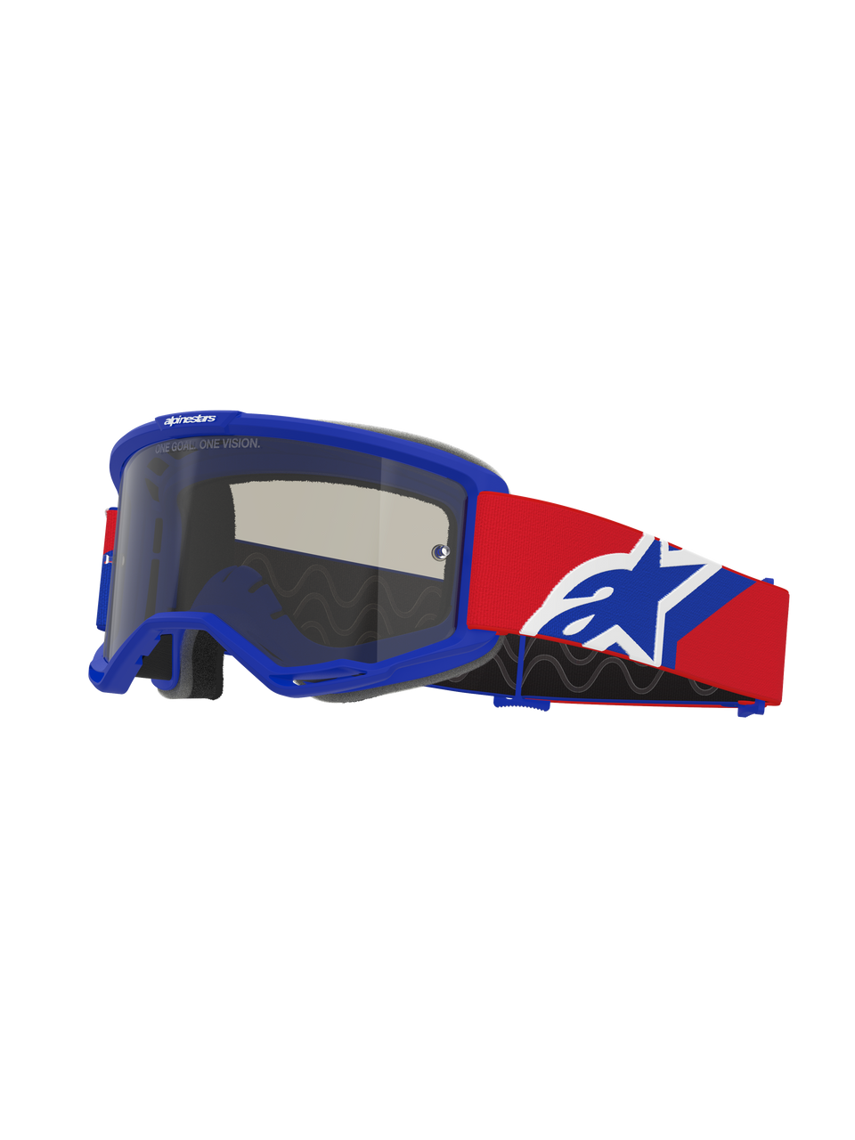 Alpinestars Vision Sand Goggles, Motocross-Brille, blauer Rahmen mit Dark-Smoke-Linse, rotes Brillenband mit blauem und weißem Logo, Offroad-Augenschutz mit speziellem Belüftungsschaum für Wüstenfahrten
