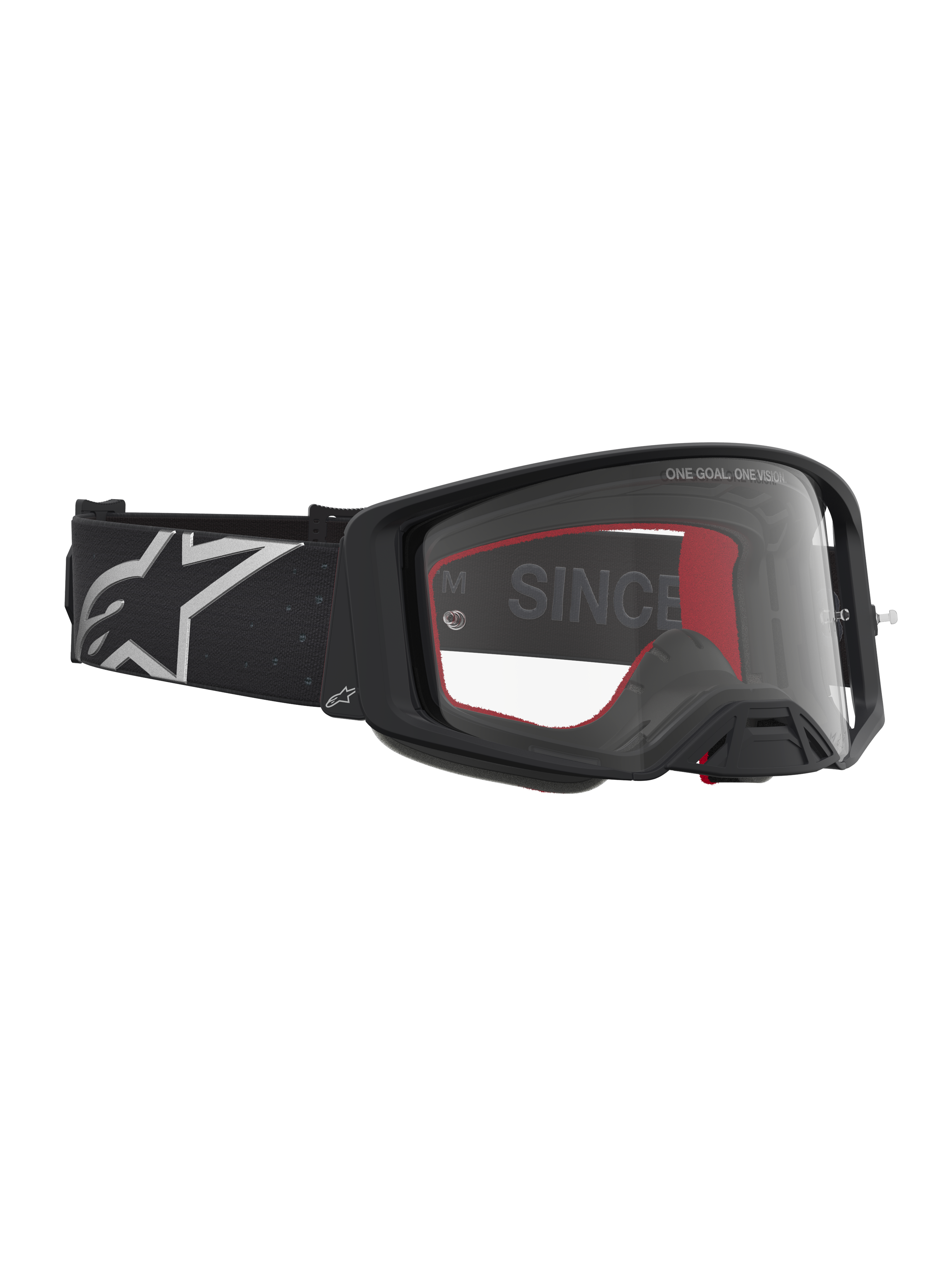 Alpinestars Supertech Vesta Schutzbrille, Motocross-Brille in Mattschwarz und Silber mit klarer Scheibe.