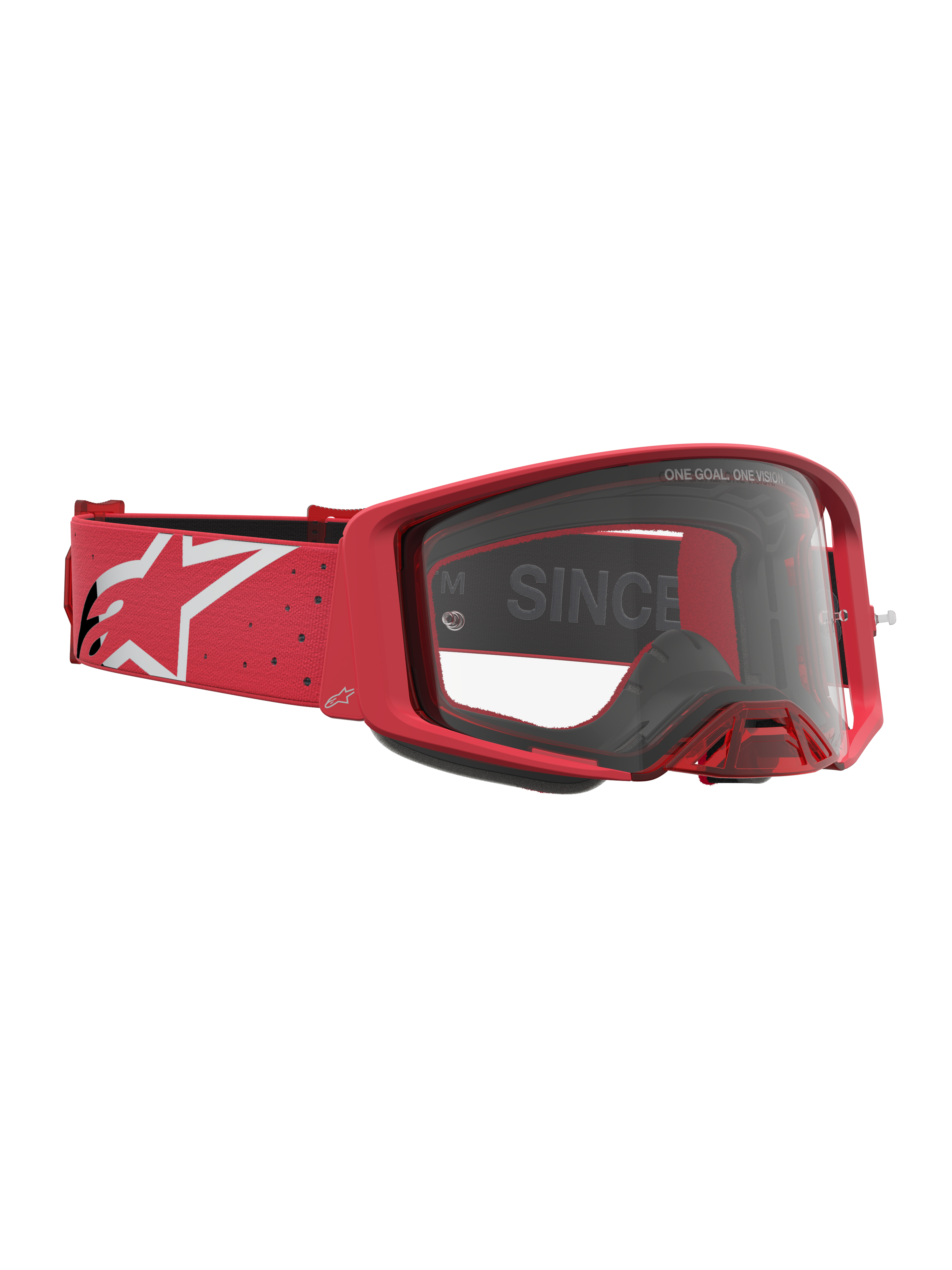 Alpinestars Supertech Vesta Goggles, Motocross Racing Goggles, Red and White, featuring clear optics and a logo strap.