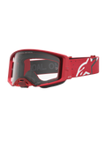 Alpinestars Supertech Vesta Motocross-Schutzbrille, Rot und Weiß, mit klarer Polycarbonat-Linse und weißem Stern-Logo auf dem Gurt, professionelle Offroad-Rennausrüstung.