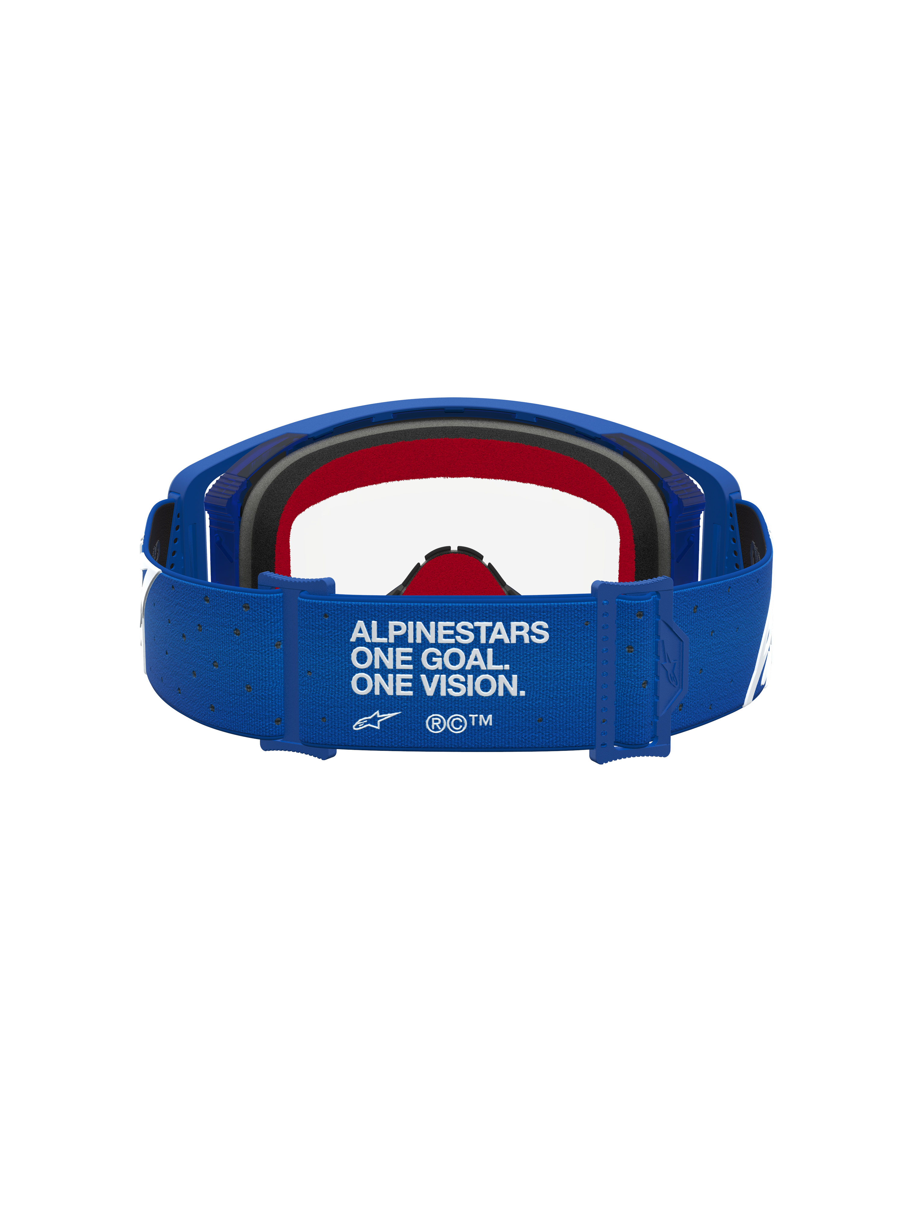 Alpinestars Supertech Vesta Goggles in blue and white, featuring a branded strap and red foam for motocross racing.