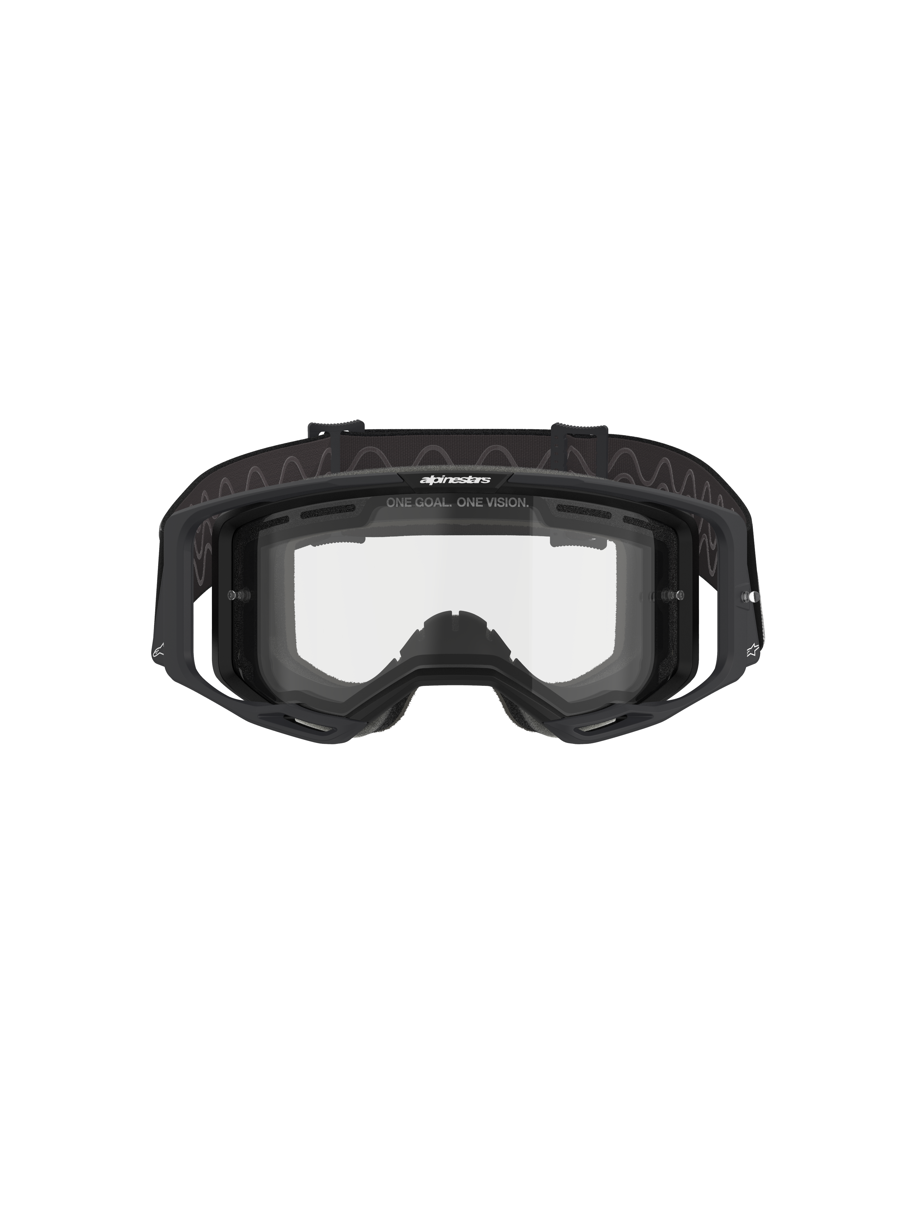 Alpinestars Vision 8 Corp Goggles - Dual Pane, Motocross Goggles, Black frame with Clear dual-pane lens, front view showing outriggers and "ONE GOAL. ONE VISION." branding, technical eye protection for off-road racing