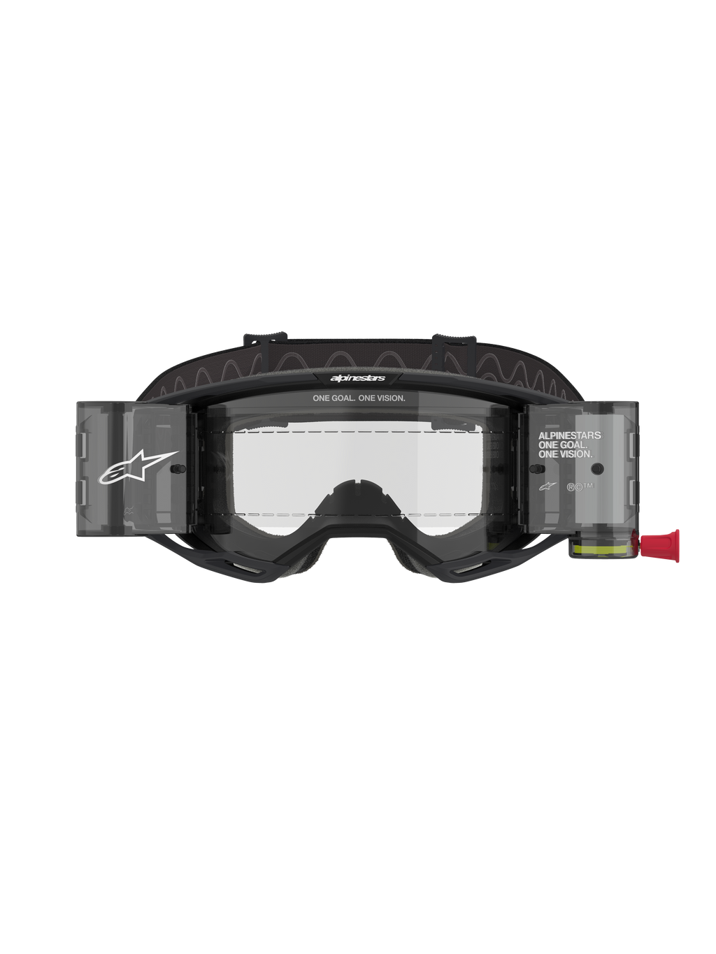 Alpinestars Vision 8 Corp Goggles Roll Off, Motocross-Brille, schwarzer Rahmen mit klarer Linse, integriertes Roll-Off-System mit lichtdurchlässigen Kanistern, breites schwarzes Band mit Branding, professioneller Augenschutz für den Rennsport