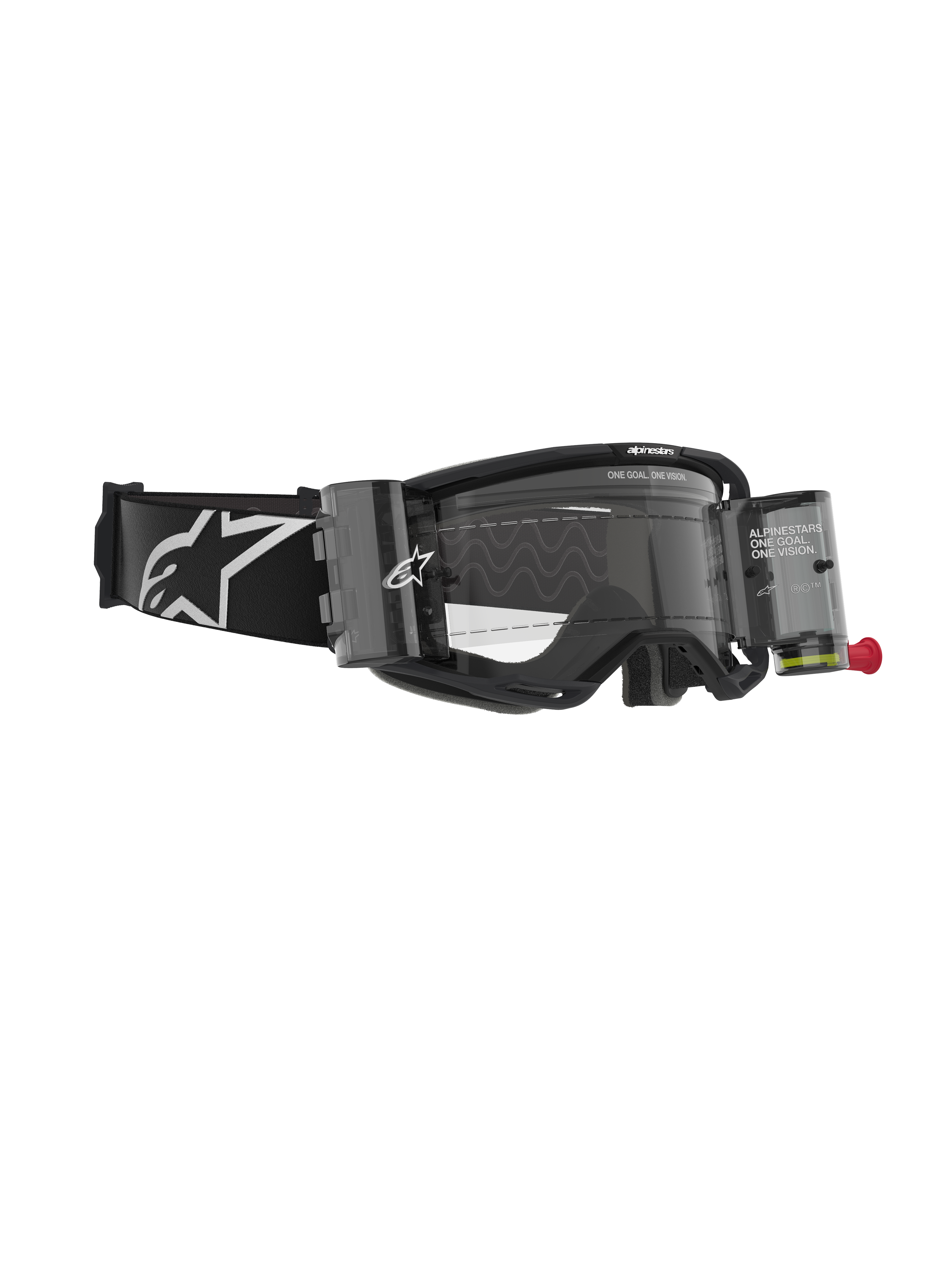 Alpinestars Vision 8 Corp Goggles, Motocross-Brille mit Roll-Off-System, Schwarz und Transparent, mit durchsichtigen Filmkanistern, klarer Scheibe und breitem schwarzem Band mit großem weißem Alpinestars-Logo