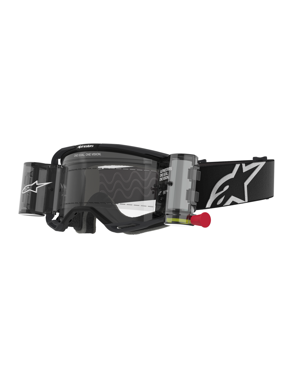 Alpinestars Vision 8 Corp Goggles Roll Off, Motocross-Brille, Schwarz und Klar, integriertes Roll-off-System mit roter Zuglasche, schwarzer Gurt mit weißem Logo, gewelltes Linsenmuster mit 'ONE GOAL. ONE VISION.' Schriftzug, Performance-Augenschutz für den Offroad-Rennsport