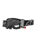 Alpinestars Vision 8 Corp Goggles Roll Off, Motocross-Brille, Schwarz und Klar, integriertes Roll-off-System mit roter Zuglasche, schwarzer Gurt mit weißem Logo, gewelltes Linsenmuster mit 'ONE GOAL. ONE VISION.' Schriftzug, Performance-Augenschutz für den Offroad-Rennsport