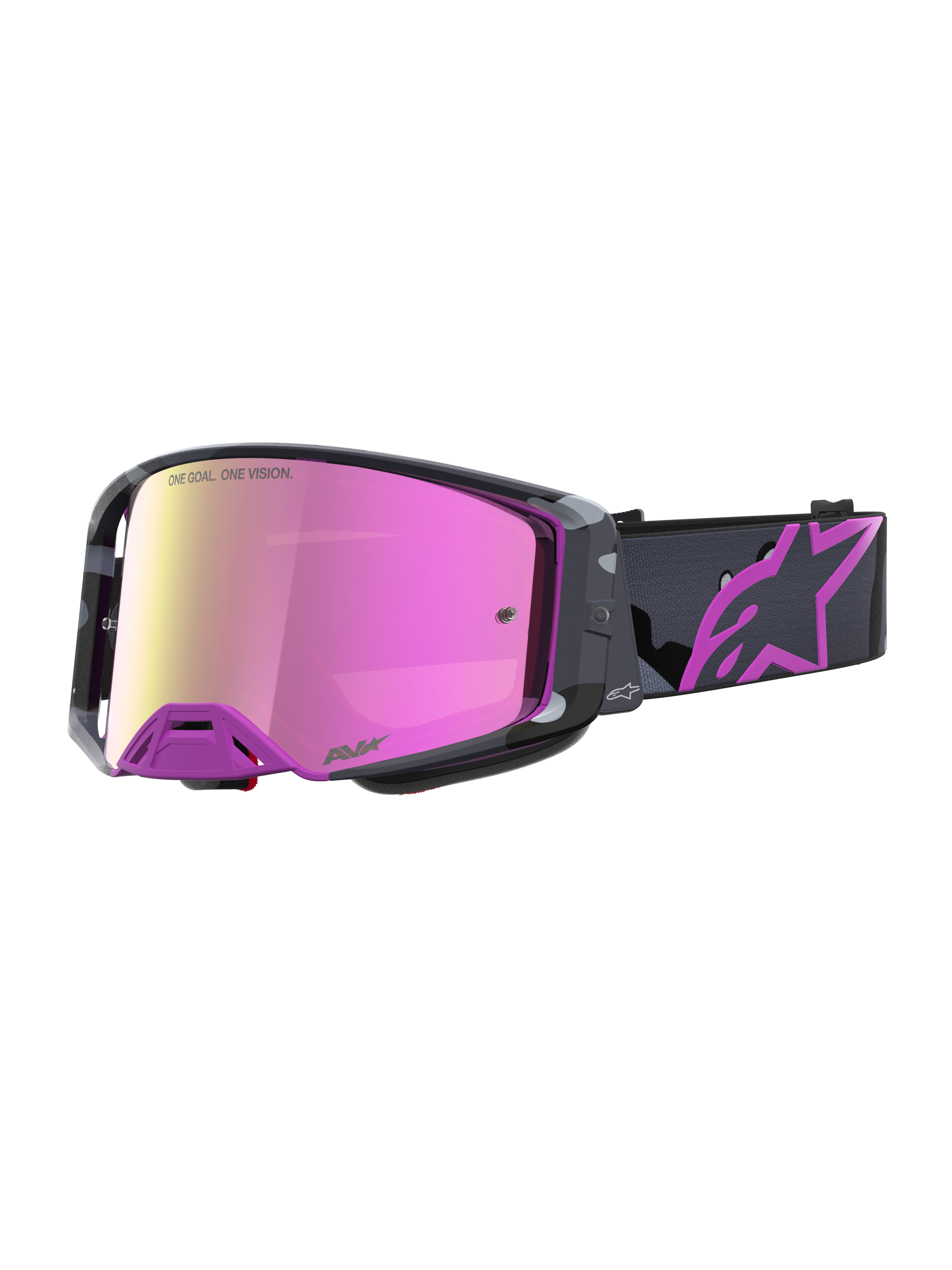 Alpinestars Limited Edition Supertech Lone Schutzbrille, Motocross-Schutzbrille mit verspiegelter pinker Linse, lila Camo-Rahmen und bedrucktem Band mit Astars-Logo