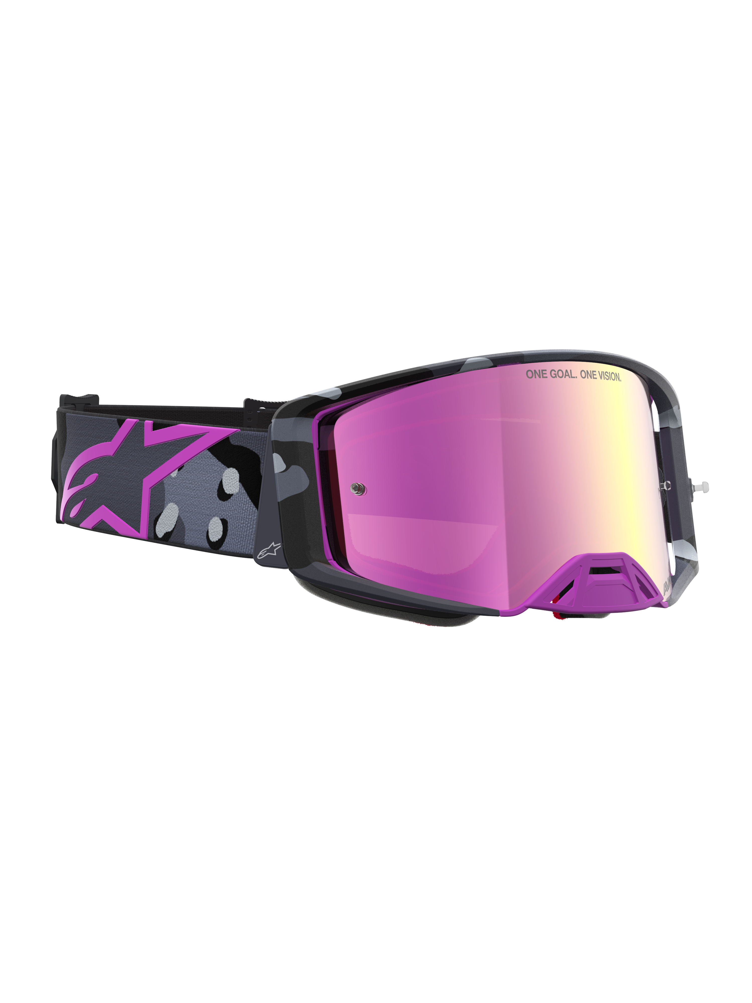 Alpinestars Limited Edition Supertech Lone Schutzbrille, Motocross-Schutzbrille, Lila Camo und spiegelnde pinke Linse, hochkontrastreiche Sicht