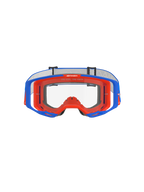 Alpinestars Vision 8 Wordmark Goggles, Motocross Goggles, Blue and Orange with Clear lens, front view, featuring a dual-tone flexible frame, wide peripheral lens design, and 'One Goal. One Vision.' branding on the upper inner frame.