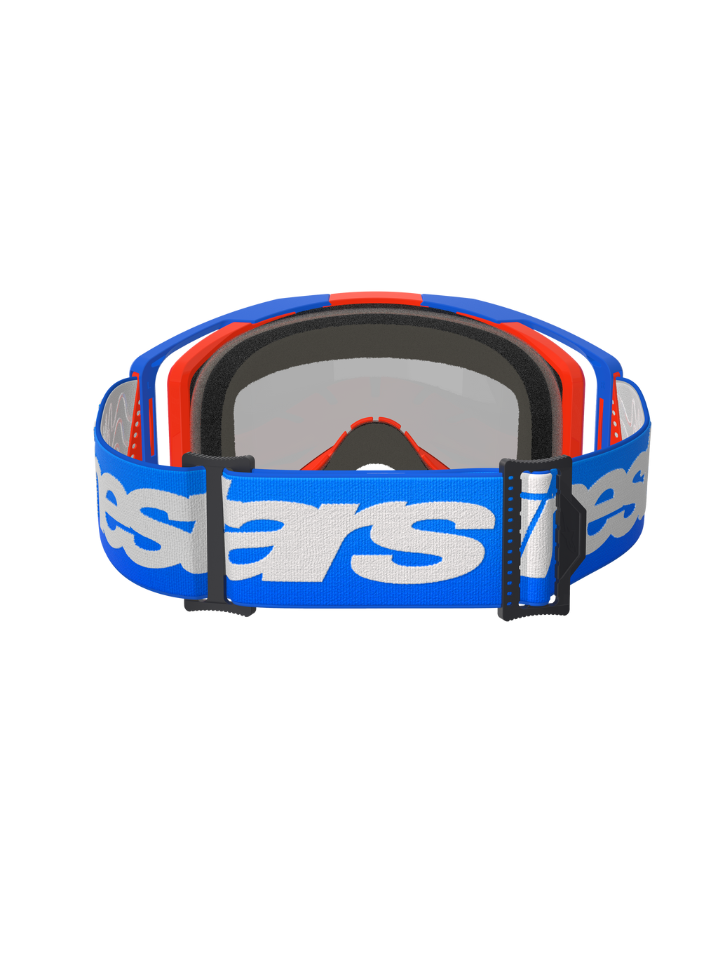 Alpinestars Vision 8 Wordmark Goggles, Motocross-Brille, Blau Orange Mirror Rot, Rückansicht mit einem blauen gewebten Brillenband mit weißem Alpinestars-Schriftzug, internem 3D-geformtem Gesichtsschaum und schwarzen Verstellschnallen.