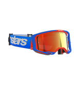 Alpinestars Vision 8 Wordmark Goggles, Motocross-Brille, blau-orangefarbener Rahmen mit rot verspiegelter Linse, blaues Band mit großem weißem Alpinestars-Logo, leistungsstarke Schutzbrille für den Offroad-Rennsport