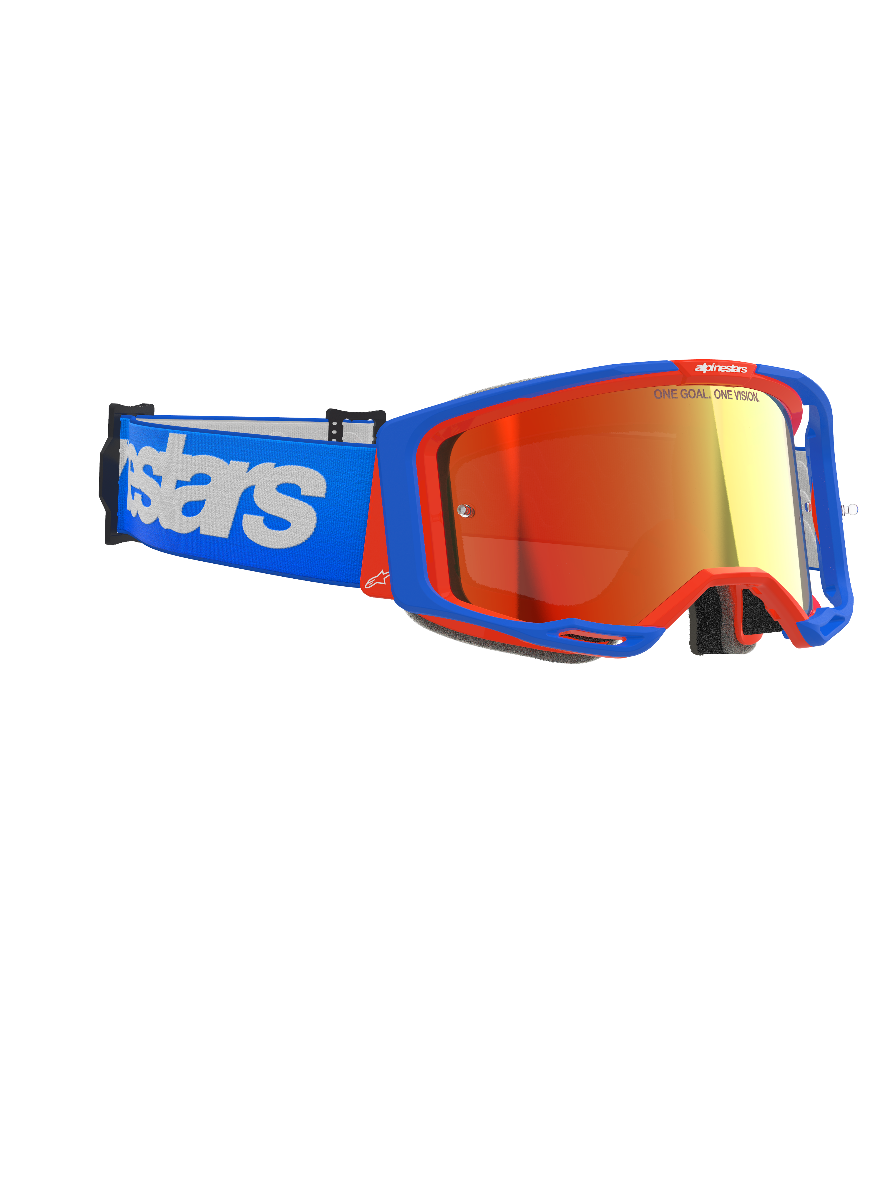 Alpinestars Vision 8 Wordmark Goggles, Motocross-Brille, blau-orangefarbener Rahmen mit rot verspiegelter Linse, blaues Band mit großem weißem Alpinestars-Logo, leistungsstarke Schutzbrille für den Offroad-Rennsport