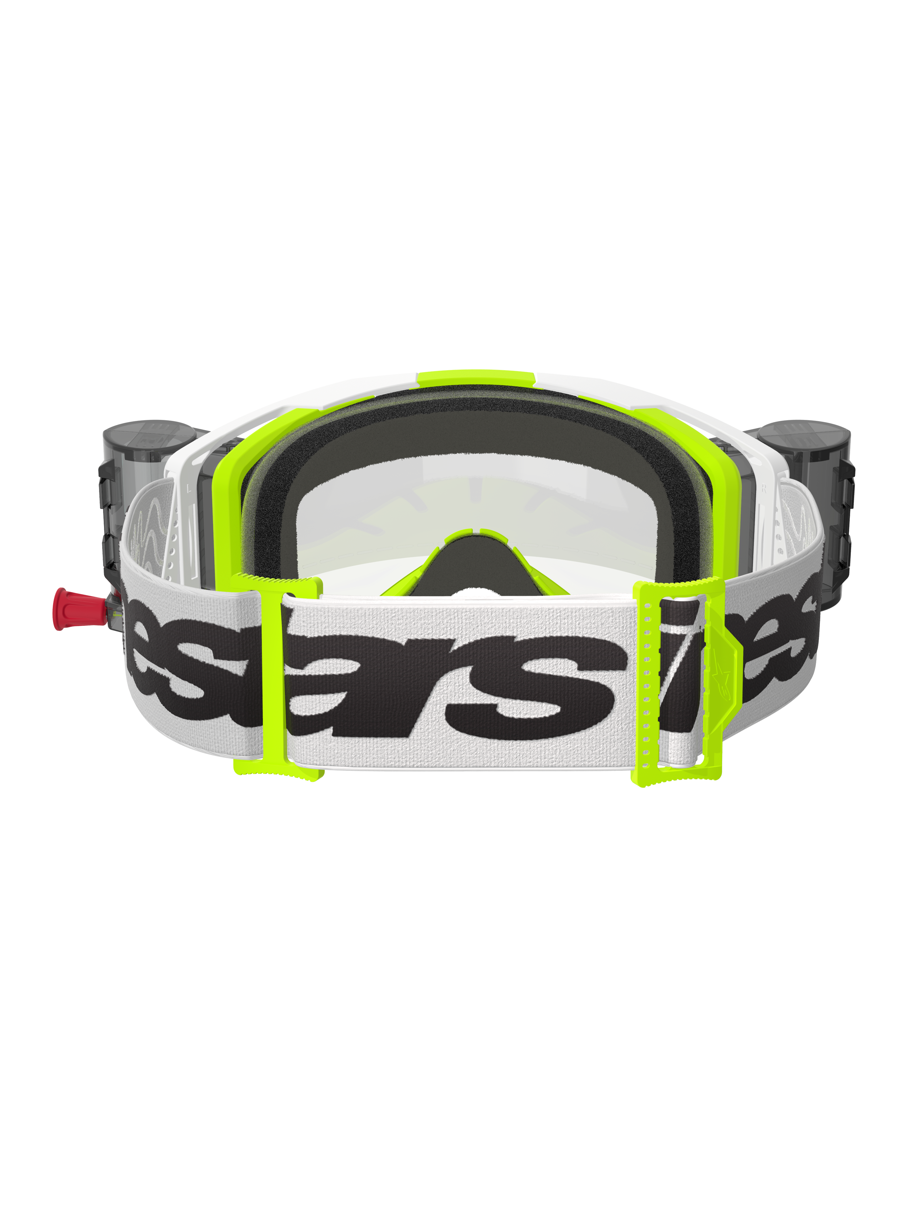 Alpinestars Vision 8 Wordmark Goggles Roll Off, Motocross-Brille, Weiß und Neongelb, Rückansicht mit weißem Band, schwarzem Schriftzug, neongelben Schnallen, schwarzem 3D-geformtem Gesichtsschaum und integrierten Roll-Off-Behältern