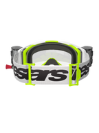 Alpinestars Vision 8 Wordmark Goggles, Rear View, White and Yellow Fluo, featuring integrated Roll-Off system with canisters, wide white woven strap with black Alpinestars logo, 3D molded face foam and clear lens