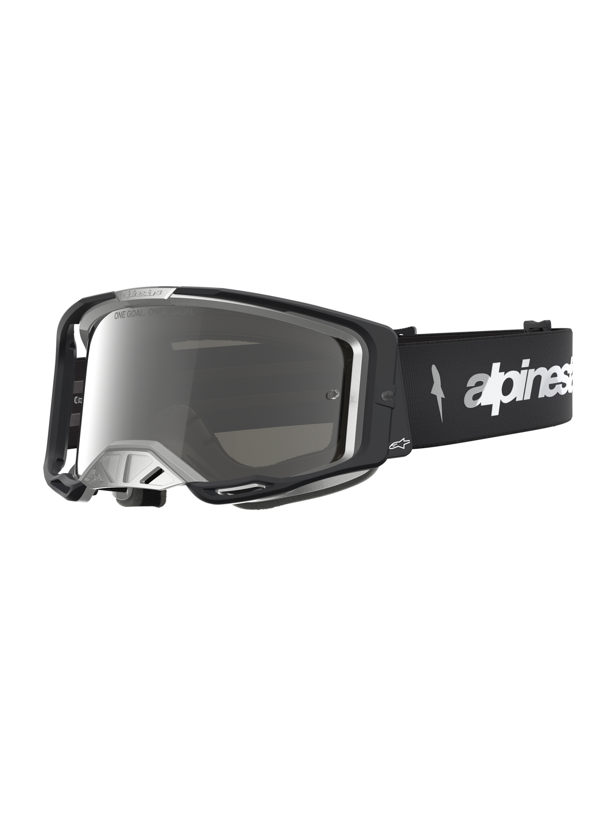 Alpinestars Vision 8 Amber Mirror Motocross Goggles in black and silver, with flexible A-FLEX frame and mirror lens.