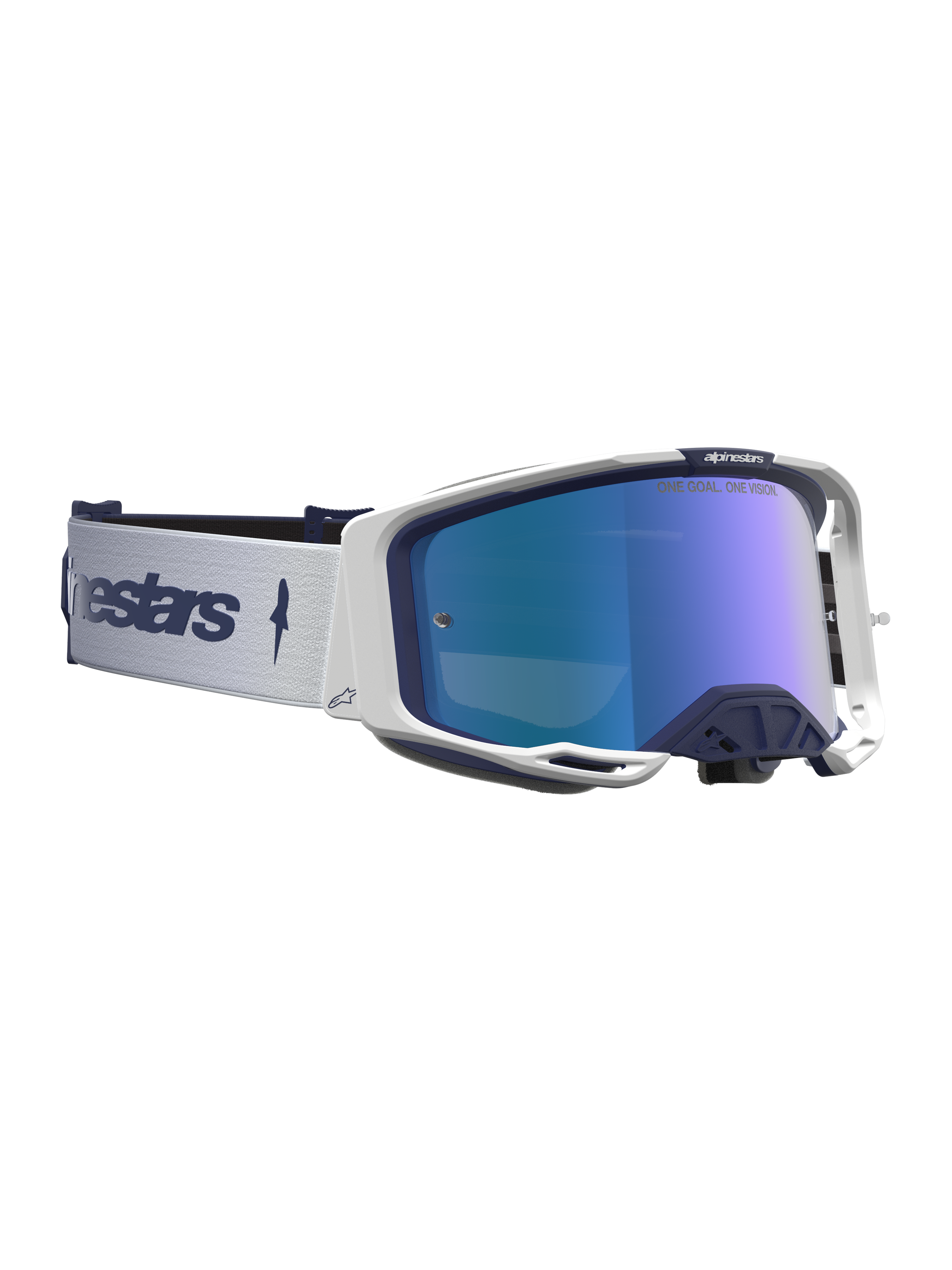 Alpinestars Vision 8 Schutzbrille Amber Mirror in Navy und Weiß, blau verspiegeltes Glas und RAM-AIR-Belüftung.