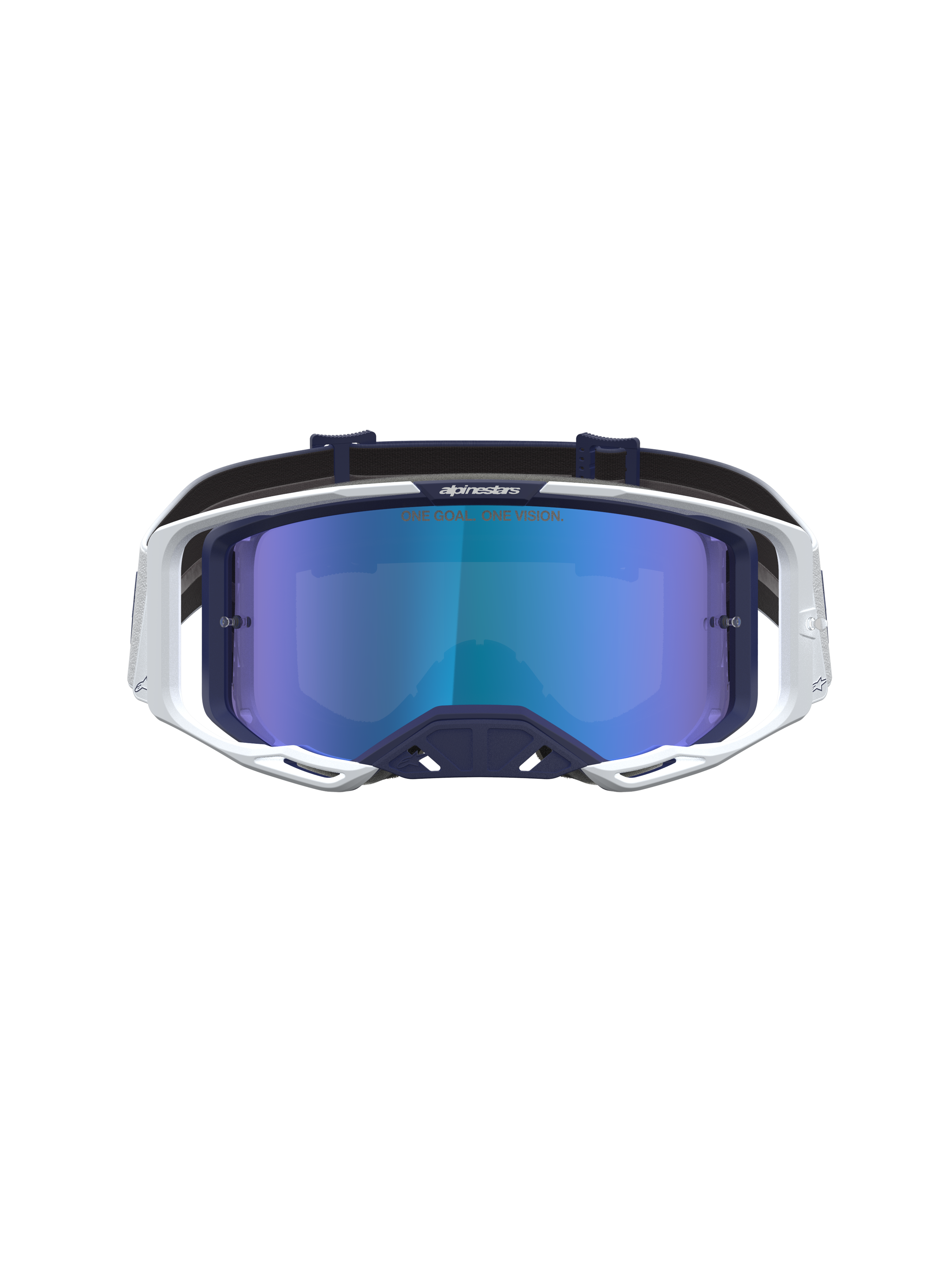 Alpinestars Vision 8 Schutzbrille Amber Mirror in Dunkelblau und Weiß, Motocross-Brille mit blau verspiegelter Scheibe.