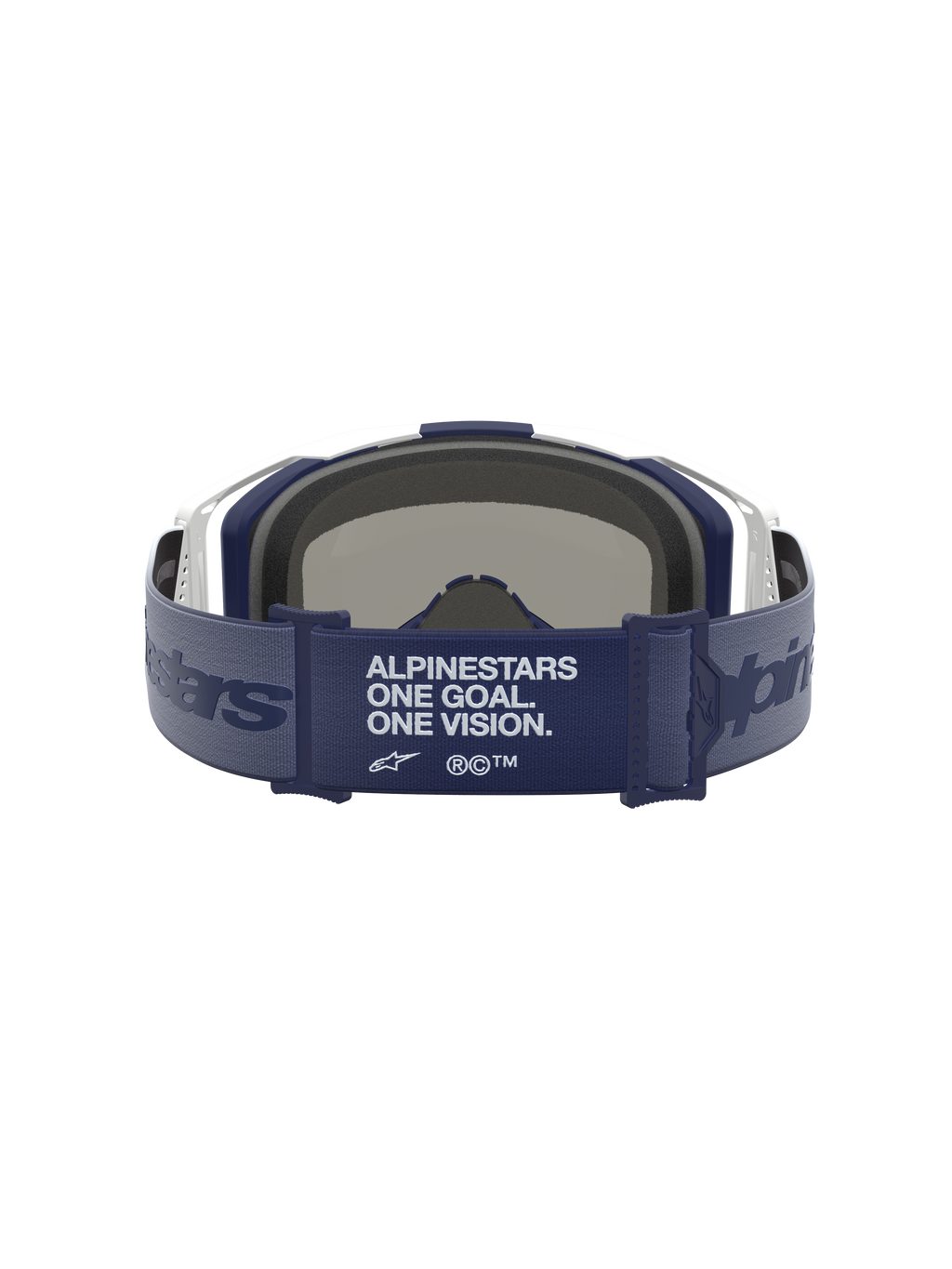 Alpinestars Vision 8 Schutzbrille Amber Mirror, Rückansicht mit blauem Band, Markenmotto, weißer Rahmen, 3D-Gesichtsschaum.