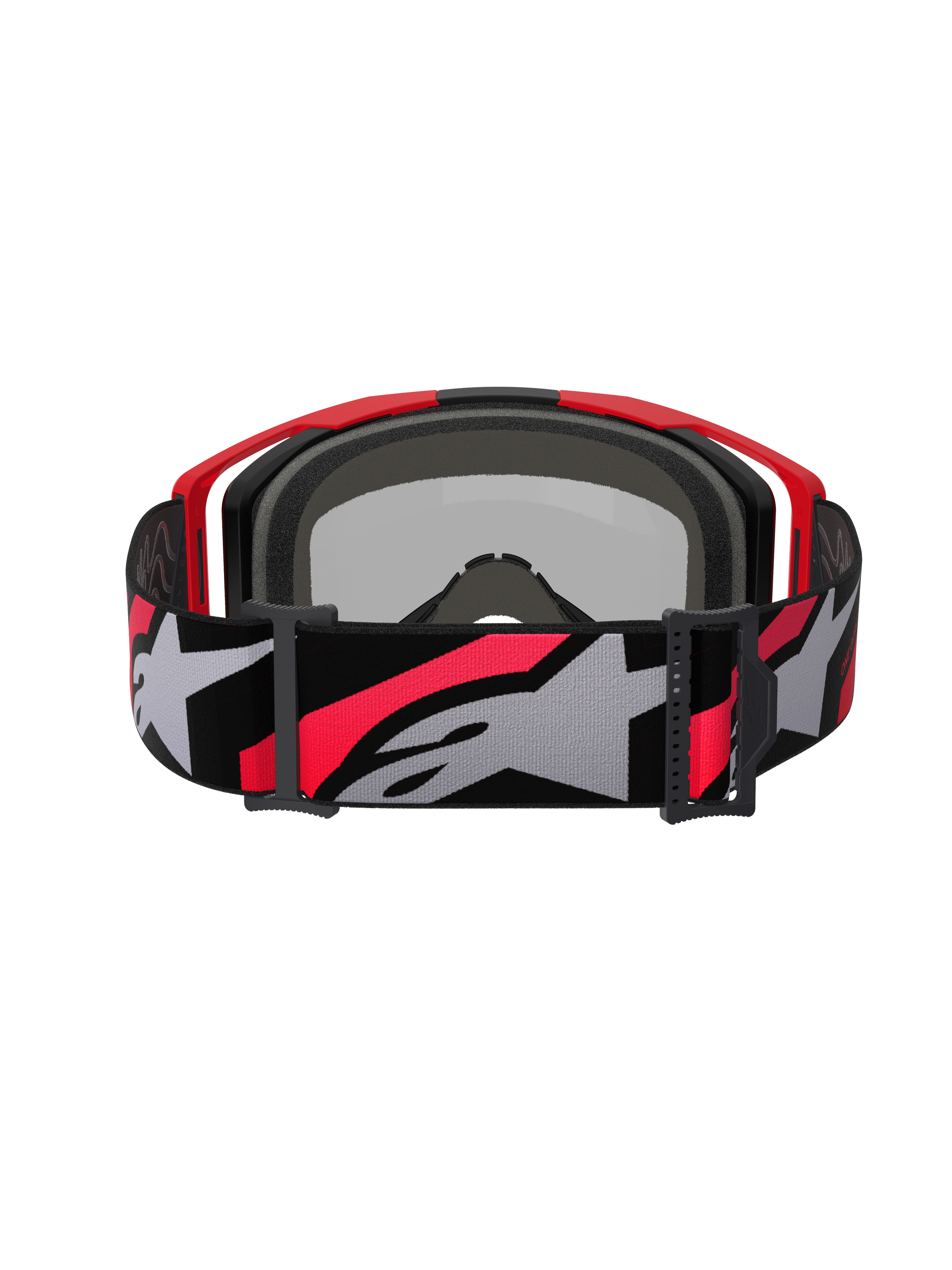 Alpinestars Vision 8 Luar Goggles, Motocross-Brille, Rot, Schwarz und Mirror Silver, breites gewebtes Band mit markantem grauem und rotem Alpinestars-Logo, Rückansicht zeigt schwarzen Gesichtsschaum und roten Rahmen, leistungsstarke Schutzbrille
