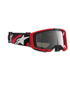 Alpinestars Vision 8 Luar Goggles, Motocross-Brille, roter und schwarzer Rahmen mit silber verspiegelter Scheibe, breites gewebtes Band mit rotem und weißem Alpinestars-Branding und „ONE GOAL. ONE VISION.“ Text, Hochleistungs-Schutzbrille für Offroad-Rennen