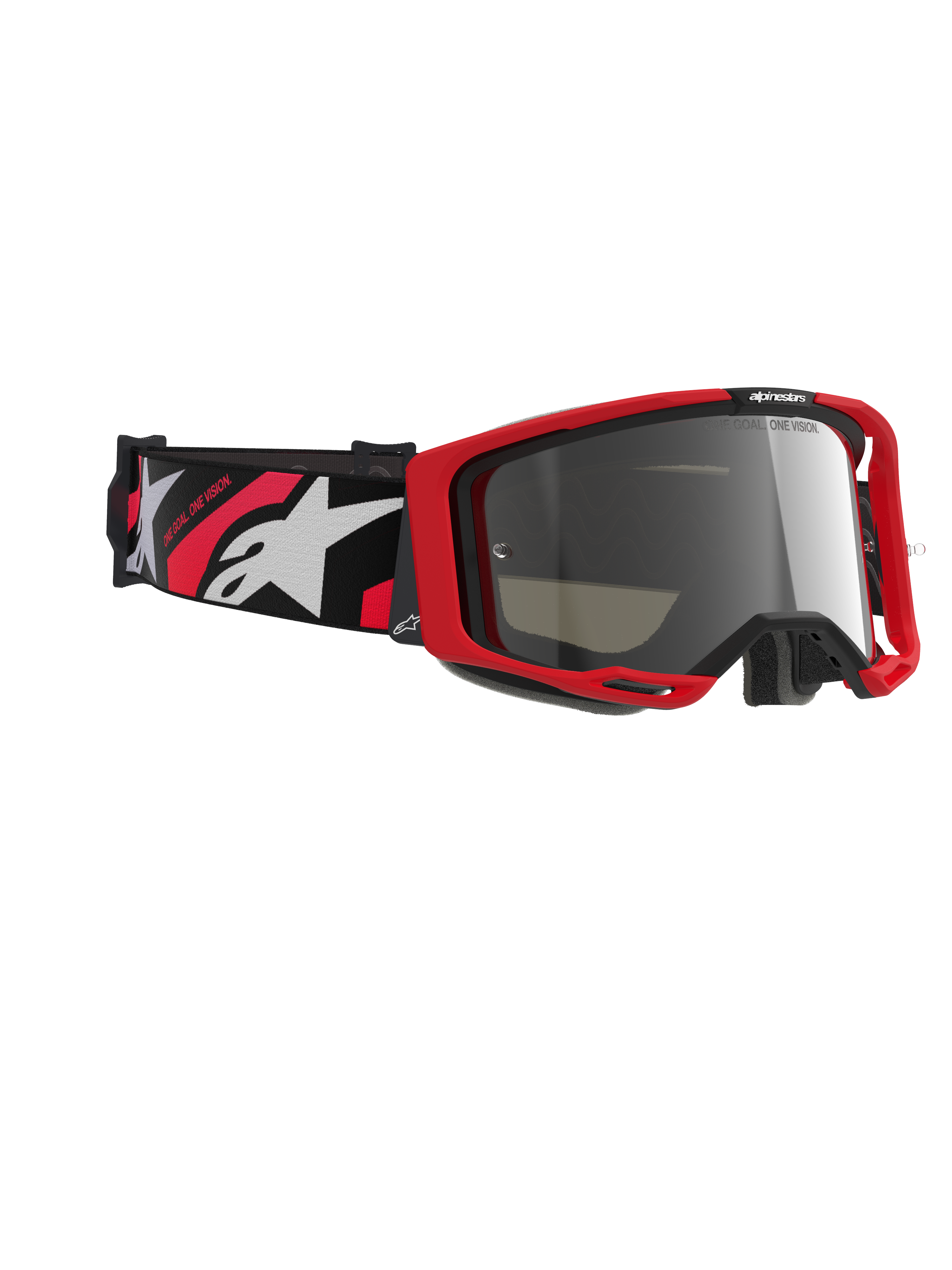 Alpinestars Vision 8 Luar Goggles, Motocross-Brille, roter und schwarzer Rahmen mit silber verspiegelter Scheibe, breites gewebtes Band mit rotem und weißem Alpinestars-Branding und „ONE GOAL. ONE VISION.“ Text, Hochleistungs-Schutzbrille für Offroad-Rennen