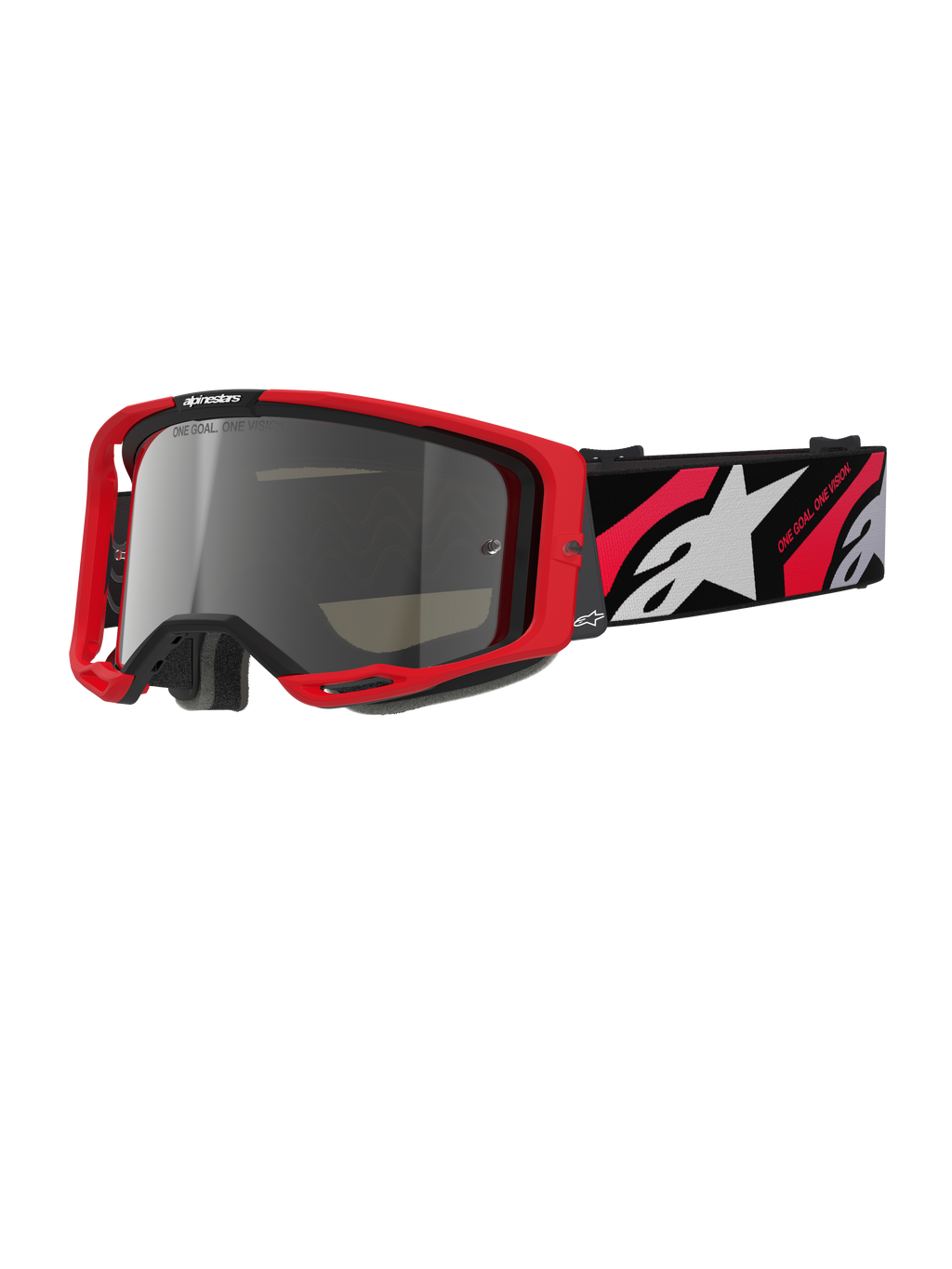 Alpinestars Vision 8 Luar Goggles, Motocross-Offroad-Schutzbrille, rot-schwarzer Rahmen, silbern verspiegelte Linse, breites verstellbares Band mit weißem Stern-Logo und „One Goal. One Vision.“-Text, Performance-Design für Motocross-Rennen