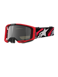 Alpinestars Vision 8 Luar Goggles, Motocross-Offroad-Schutzbrille, rot-schwarzer Rahmen, silbern verspiegelte Linse, breites verstellbares Band mit weißem Stern-Logo und „One Goal. One Vision.“-Text, Performance-Design für Motocross-Rennen