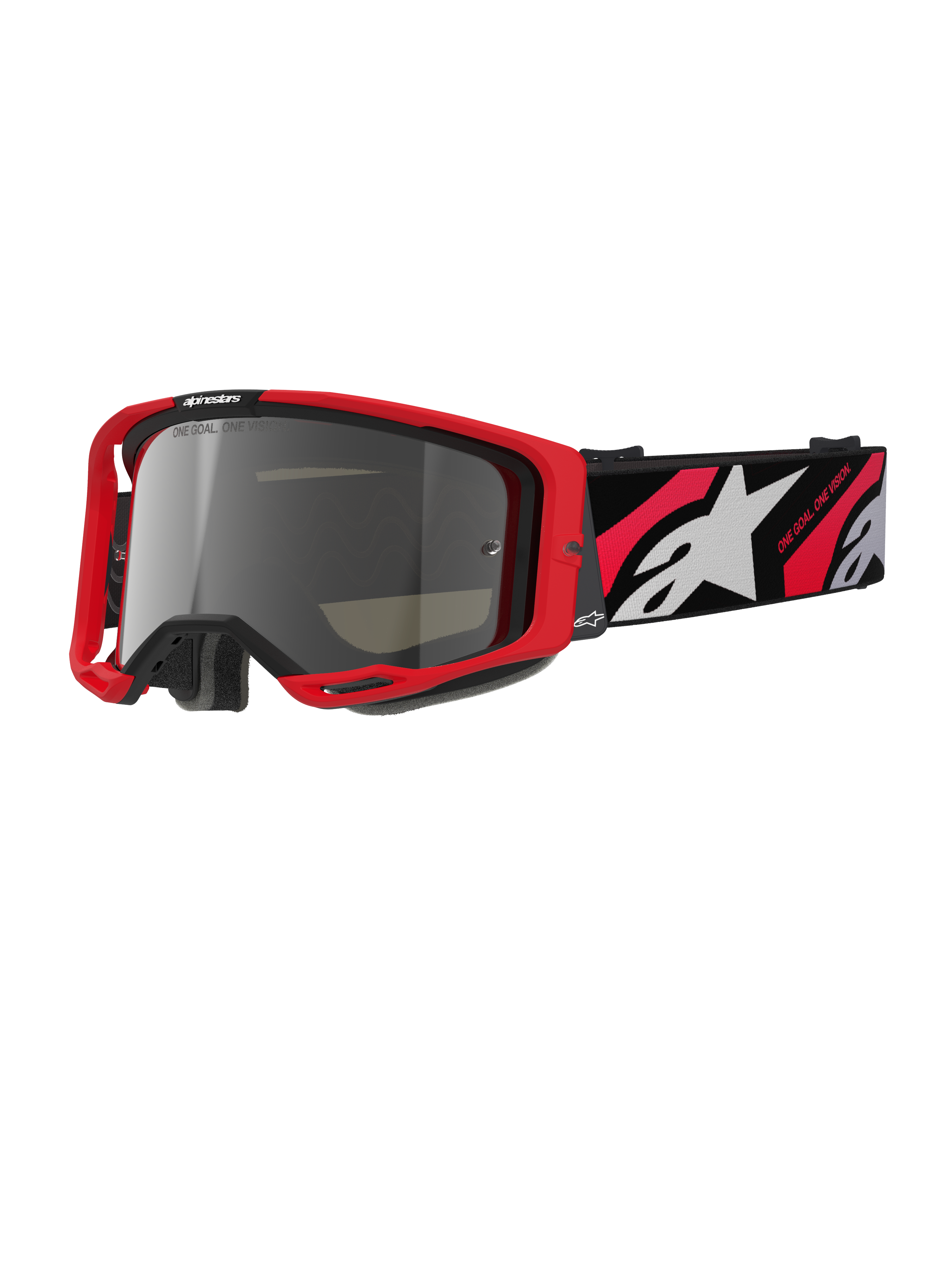 Alpinestars Vision 8 Luar Goggles, Motocross-Offroad-Schutzbrille, rot-schwarzer Rahmen, silbern verspiegelte Linse, breites verstellbares Band mit weißem Stern-Logo und „One Goal. One Vision.“-Text, Performance-Design für Motocross-Rennen