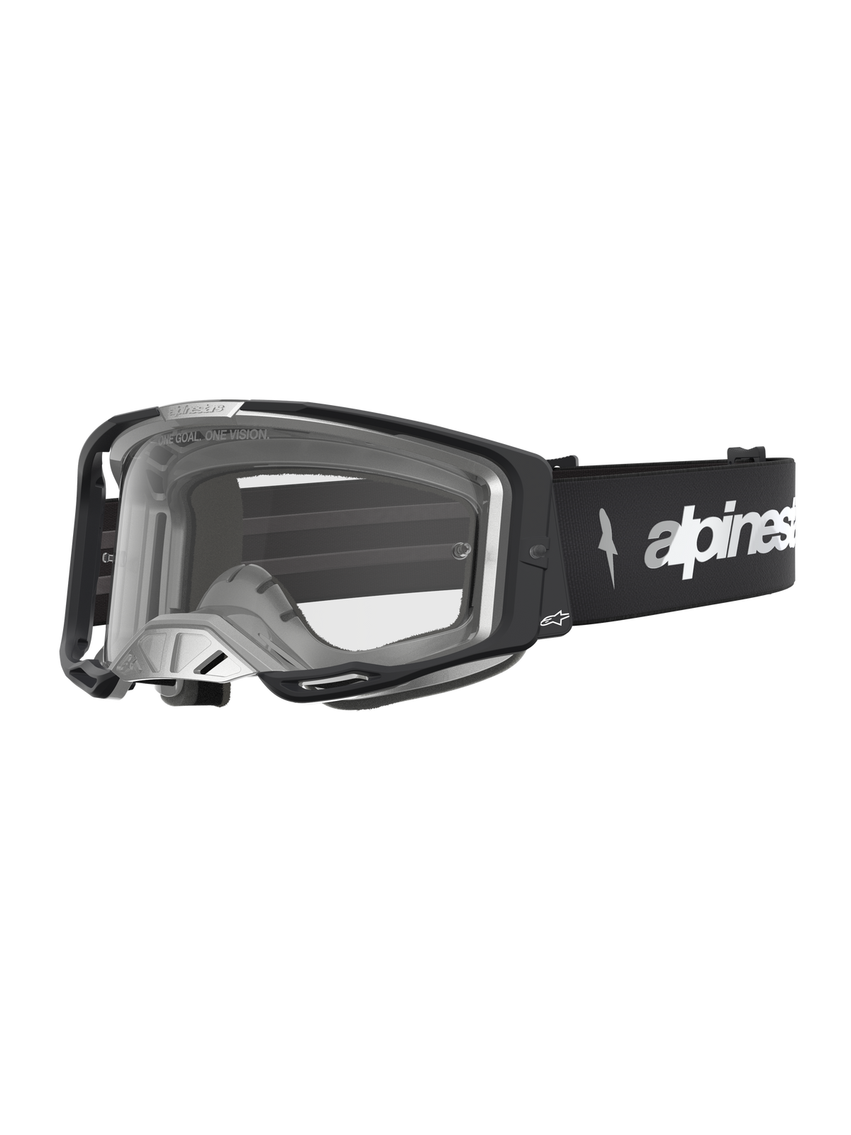 Alpinestars Vision 8 Amber Schutzbrille, Motocross-Schutzbrille für Herren, Schwarz und Silber, klare Scheibe mit RAM-AIR-Belüftungssystem und flexiblem A-FLEX-Rahmen