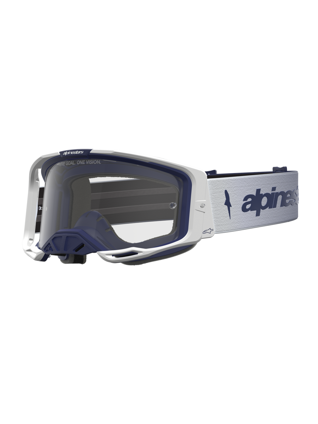 Alpinestars Vision 8 Schutzbrille Amber, Motocross-Schutzbrille, Weiß und Navyblau, klare Scheibe, RAM-AIR-Belüftungssystem, flexibler A-FLEX-Rahmen für Offroad-Sport