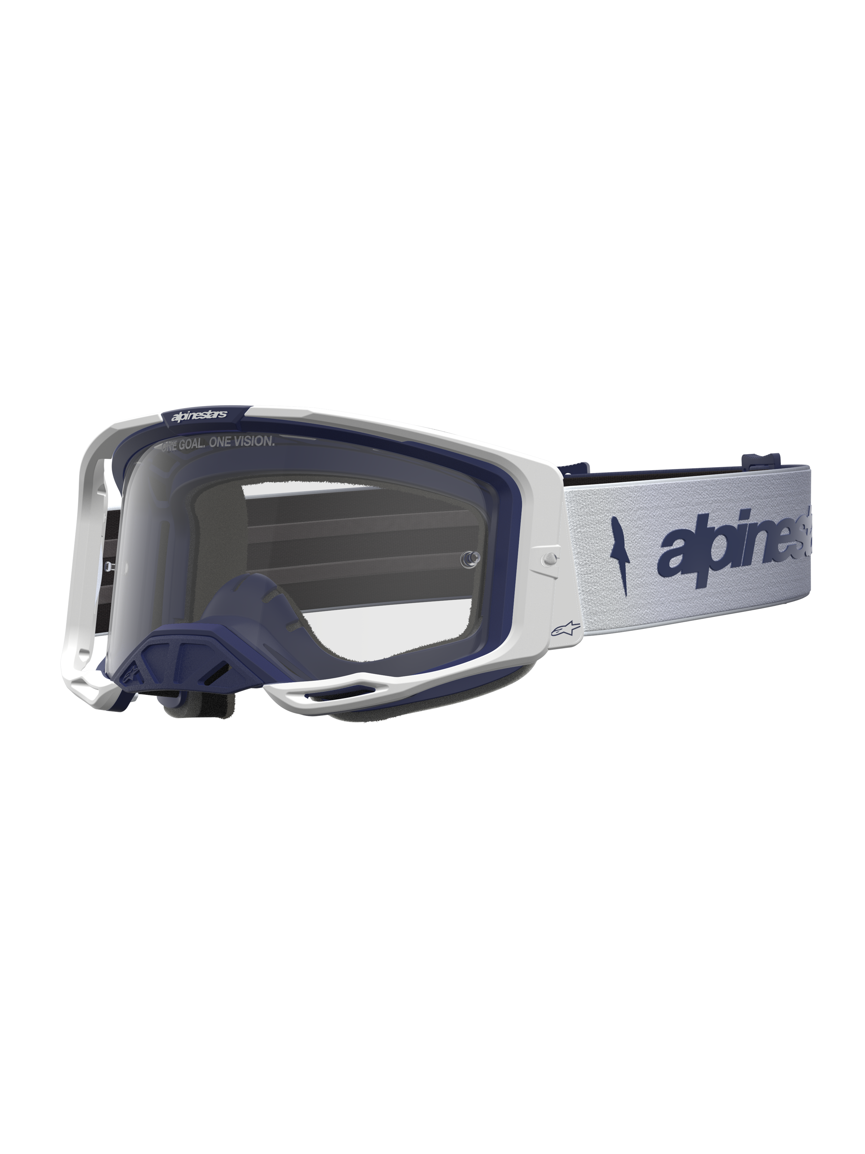 Alpinestars Vision 8 Schutzbrille Amber, Motocross-Schutzbrille, Weiß und Navyblau, klare Scheibe, RAM-AIR-Belüftungssystem, flexibler A-FLEX-Rahmen für Offroad-Sport