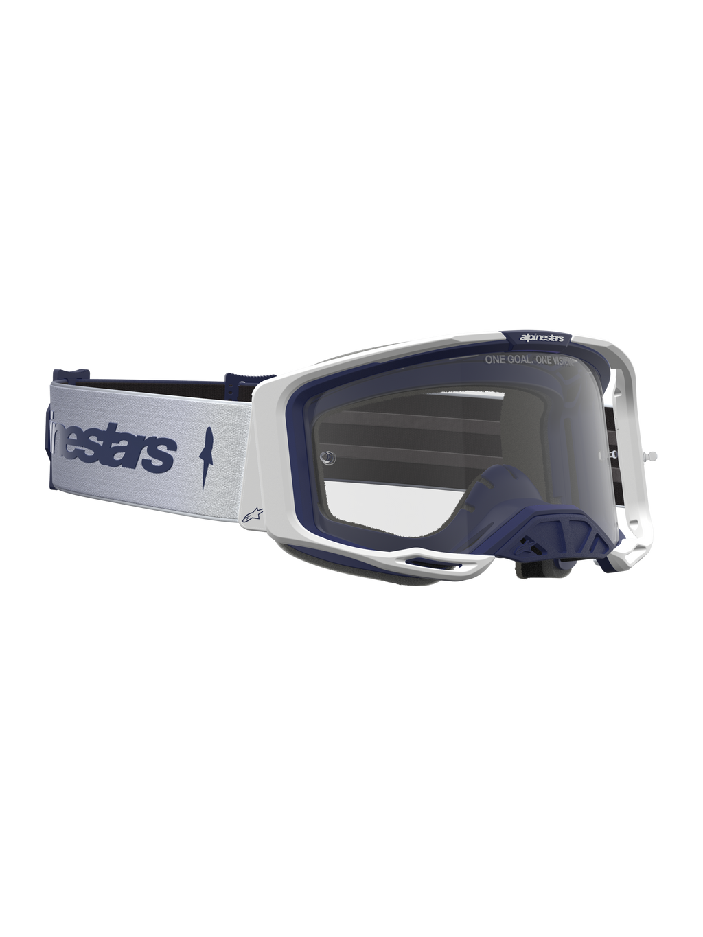 Alpinestars Vision 8 Schutzbrille Amber in Weiß und Navyblau, mit klarer Scheibe und A-FLEX-Rahmen für Motocross.