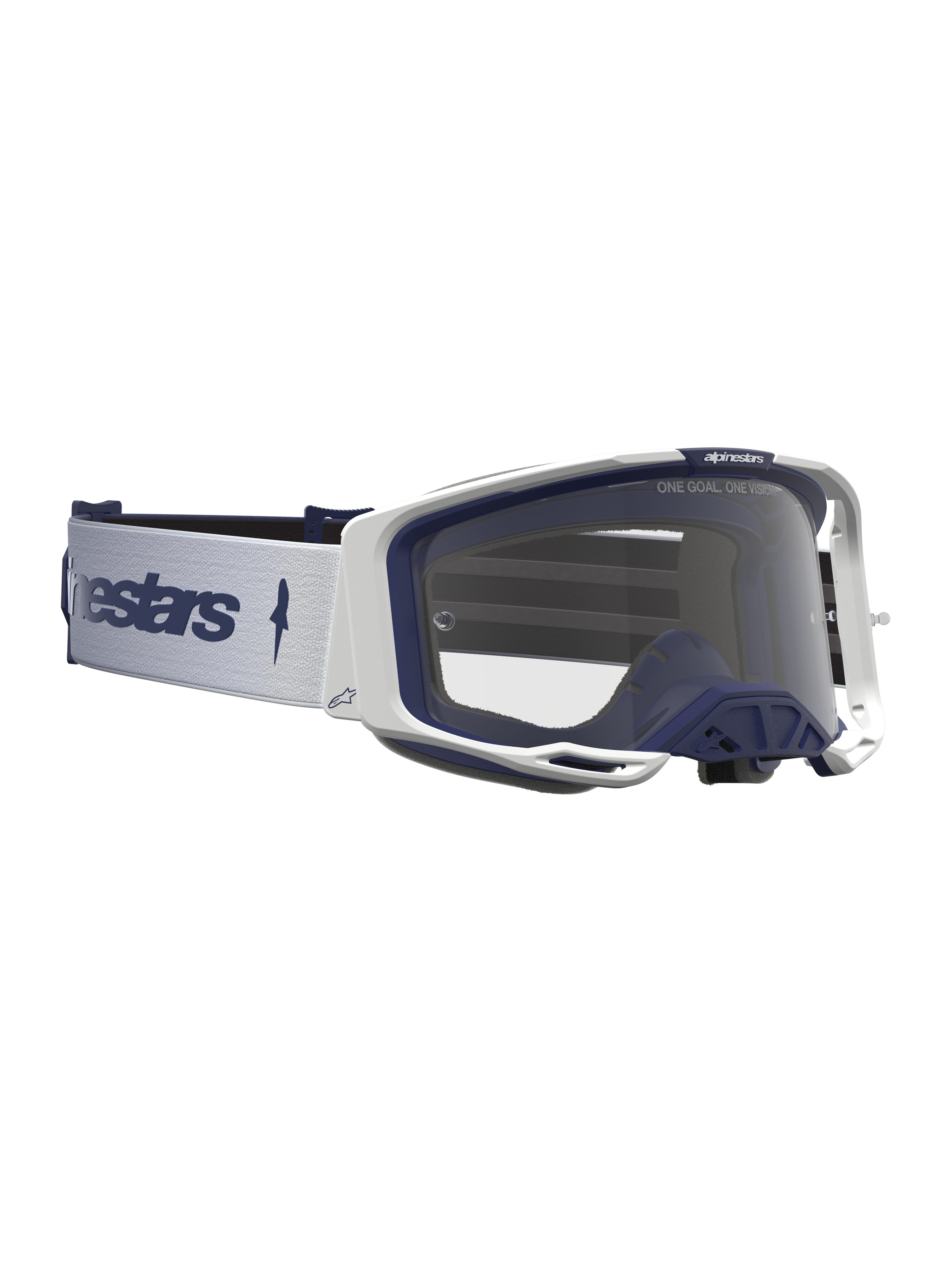 Alpinestars Vision 8 Schutzbrille Amber in Weiß und Navyblau, mit klarer Scheibe und A-FLEX-Rahmen für Motocross.