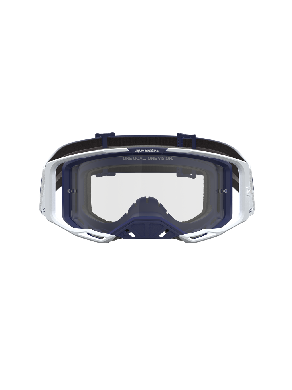 Alpinestars Vision 8 Schutzbrille Amber, Unisex Motocross-Schutzbrille in Weiß und Navy-Blau, A-FLEX Rahmen mit klarer Sichtscheibe und RAM-AIR Belüftungssystem.