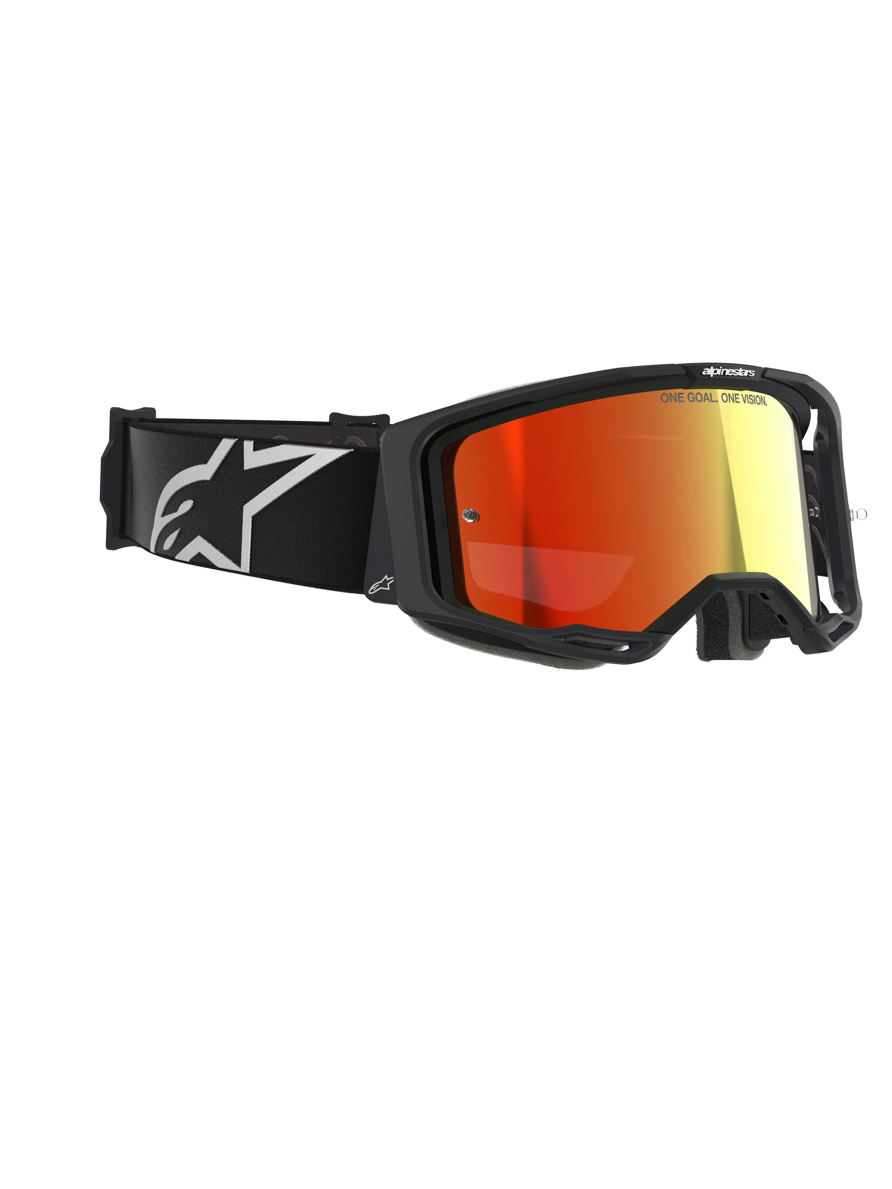 Alpinestars Vision 8 Corp Goggles, Motocross Goggles, Black with Mirror Red lens, featuring a black strap with a white Alpinestars logo and "ONE GOAL. ONE VISION." text on the lens, high-performance eye protection for off-road racing