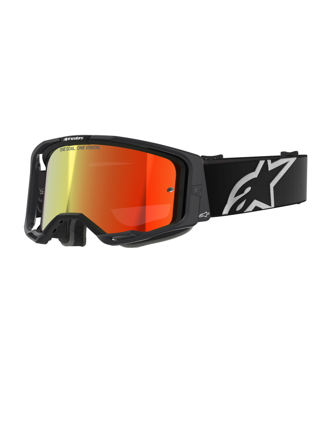 Alpinestars Vision 8 Corp Brille, Motocross-Schutzbrille, Schwarz mit rot verspiegeltem Glas, reflektierender Farbverlauf von Gelb nach Rot, verstellbares schwarzes Kopfband mit großem weißem Sternlogo, graue Gesichtsschaumpolsterung, Hochleistungsdesign für Offroad-Rennsport