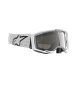 Alpinestars Vision 8 Corp Goggles, Motocross-Brille, Weiß und Silber verspiegelt, weißer A-FLEX-Rahmen mit silber verspiegelter Linse, weiß gewebtes Band mit einem großen schwarzen Alpinestars Stern-Logo