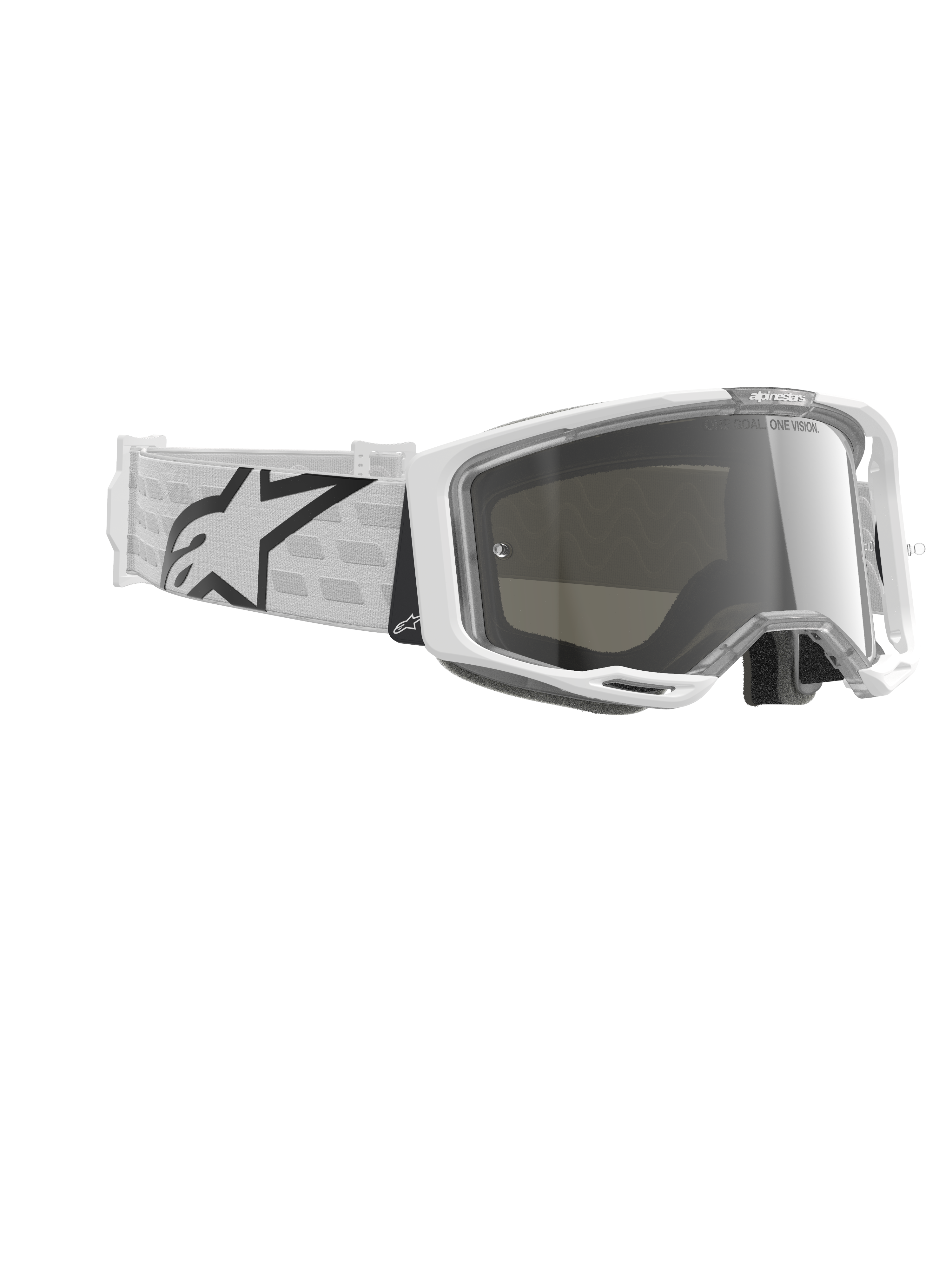 Alpinestars Vision 8 Corp Goggles, Motocross-Brille, Weiß und Silber verspiegelt, weißer A-FLEX-Rahmen mit silber verspiegelter Linse, weiß gewebtes Band mit einem großen schwarzen Alpinestars Stern-Logo